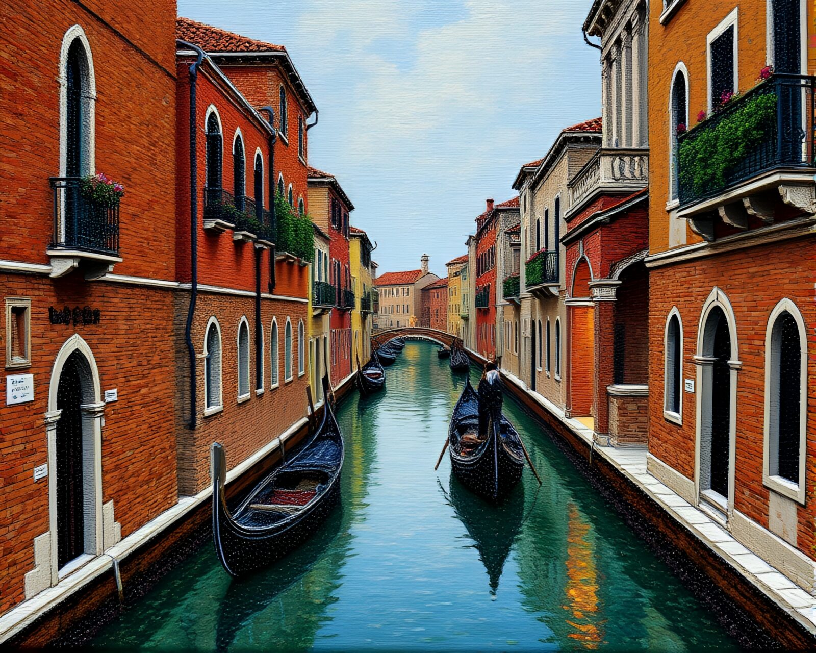A majestic Venetian canal scene with intricate beadwork details and film grain atmosphere