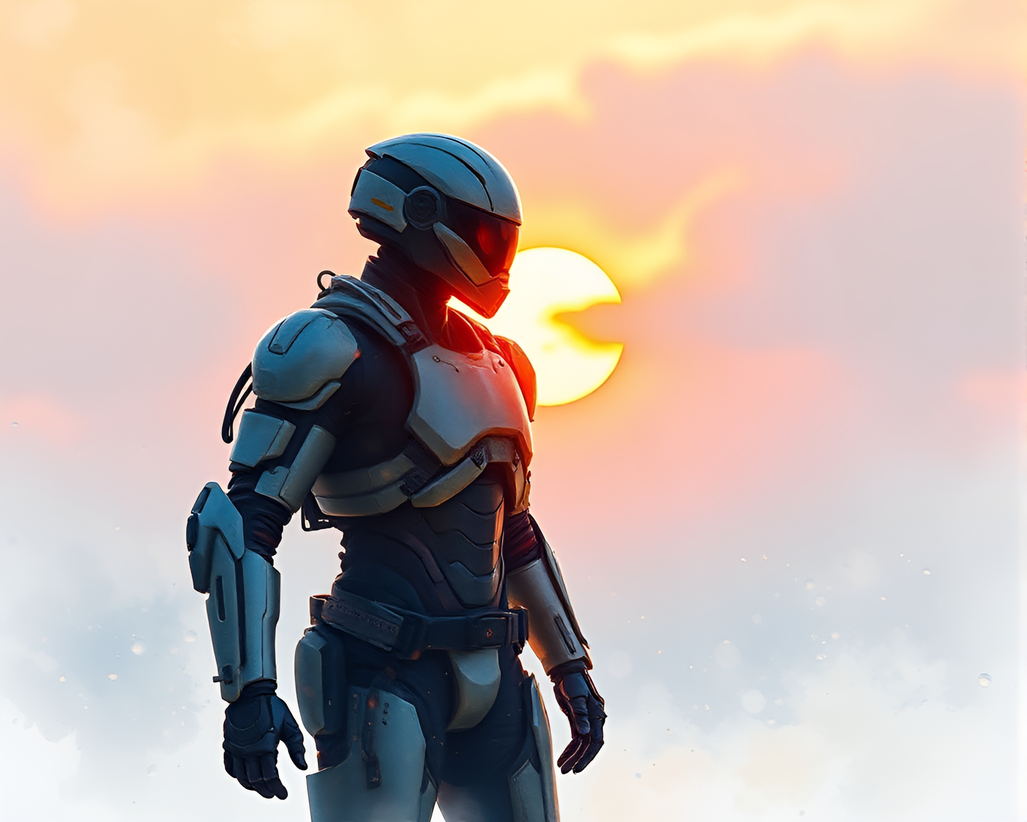 Water droplets on futuristic exoskeleton suit at dawn – free AI stock image