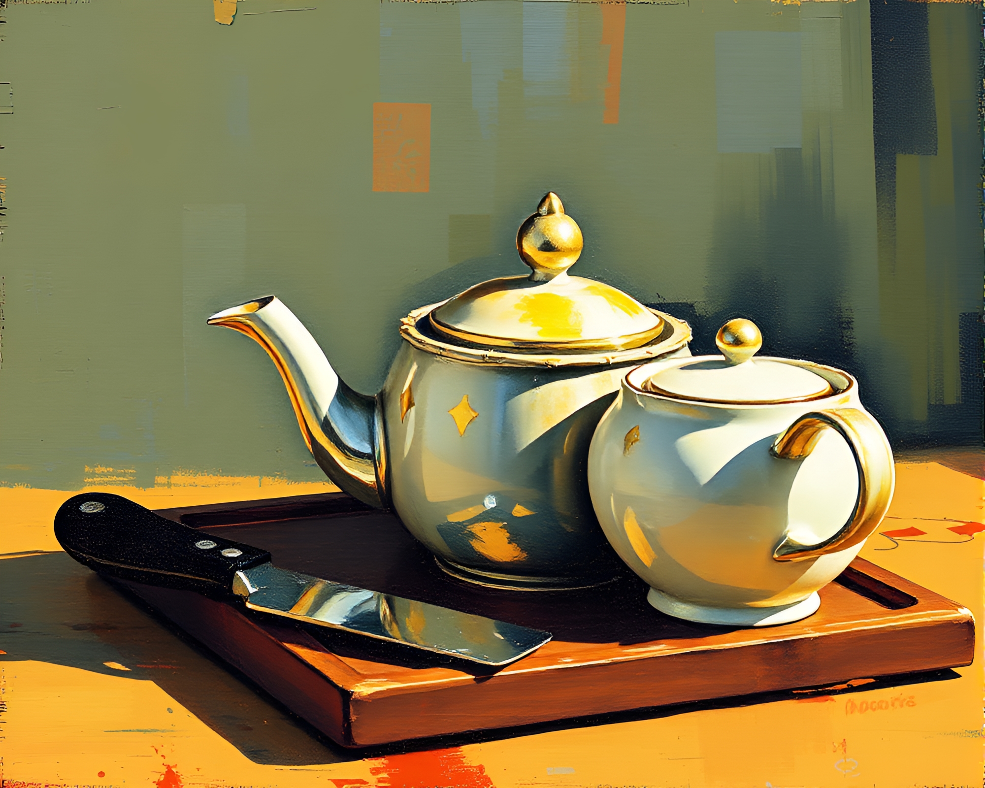 Halftone Grid Tea Set in Expired Film Palette Knife Painting – free AI stock image