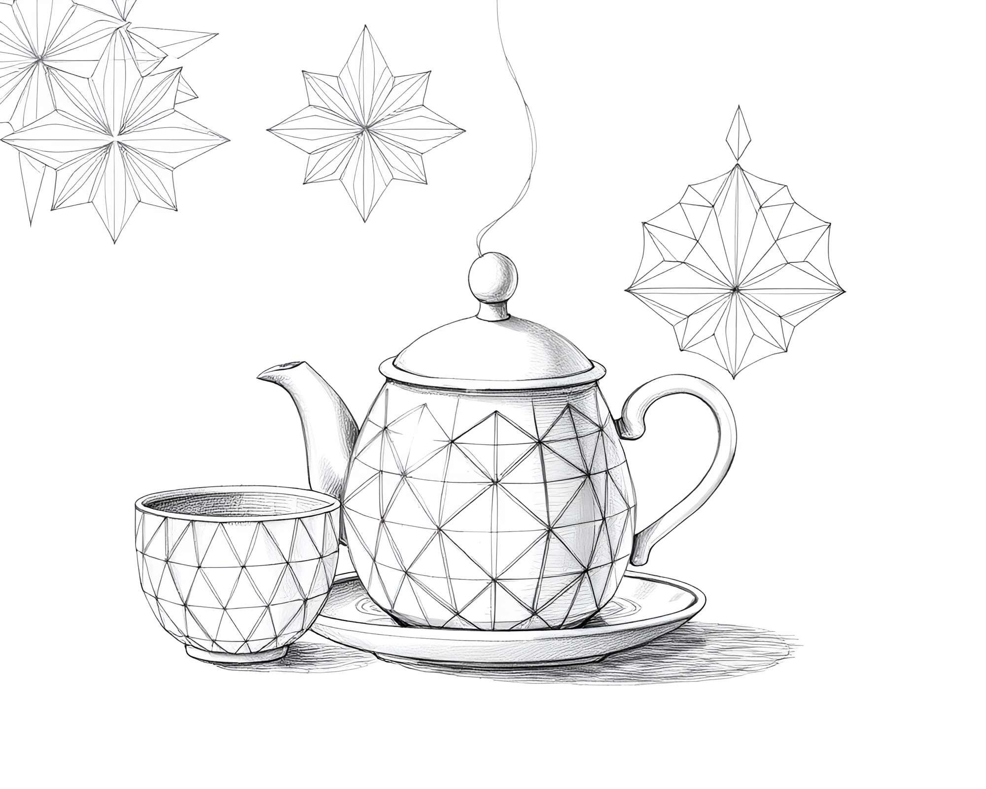 Tea Set Geometry: Graphite Gray Pencil Sketch – free AI stock image