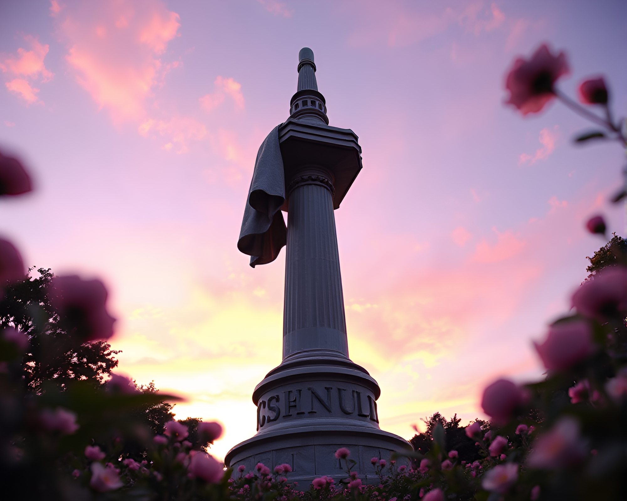 Botanical Statue Bathed in Sunrise Pink Glow – free AI stock image