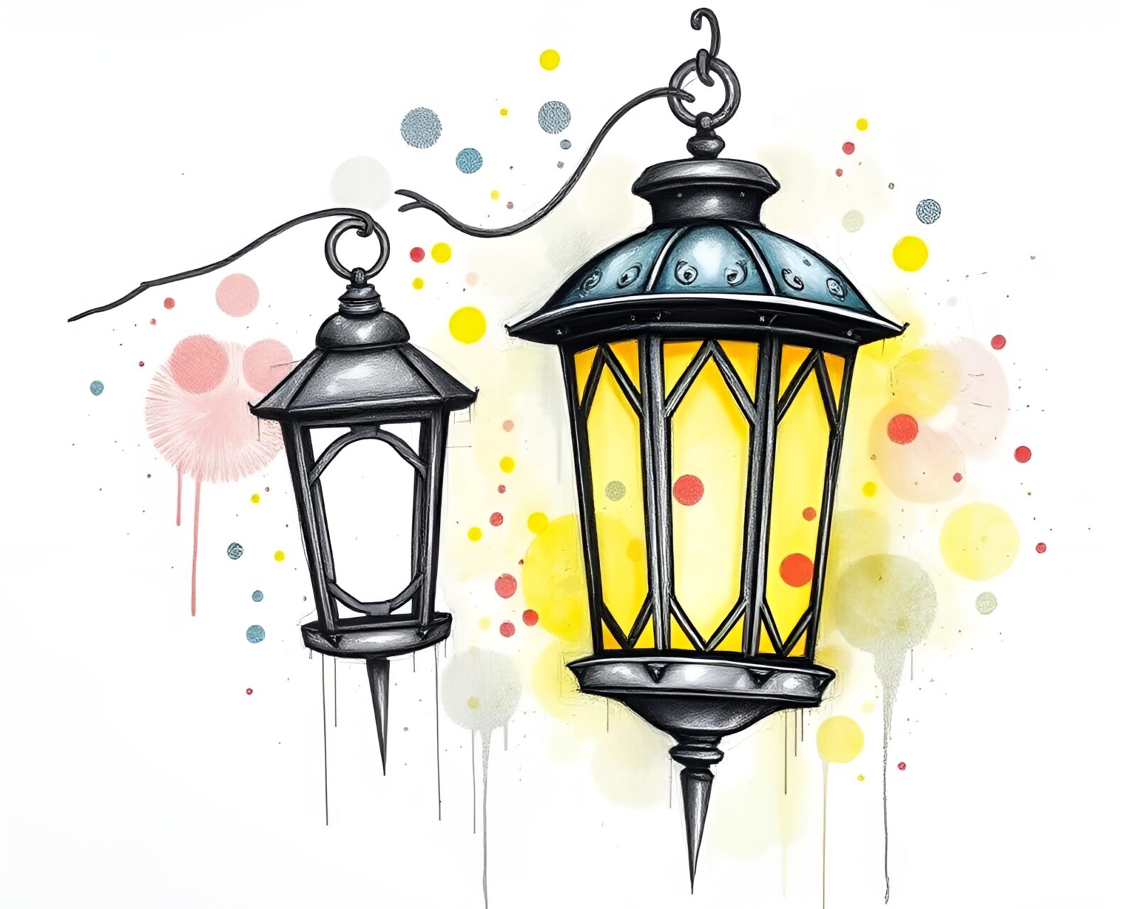 Pencil sketch of graffiti-covered alley with lantern light