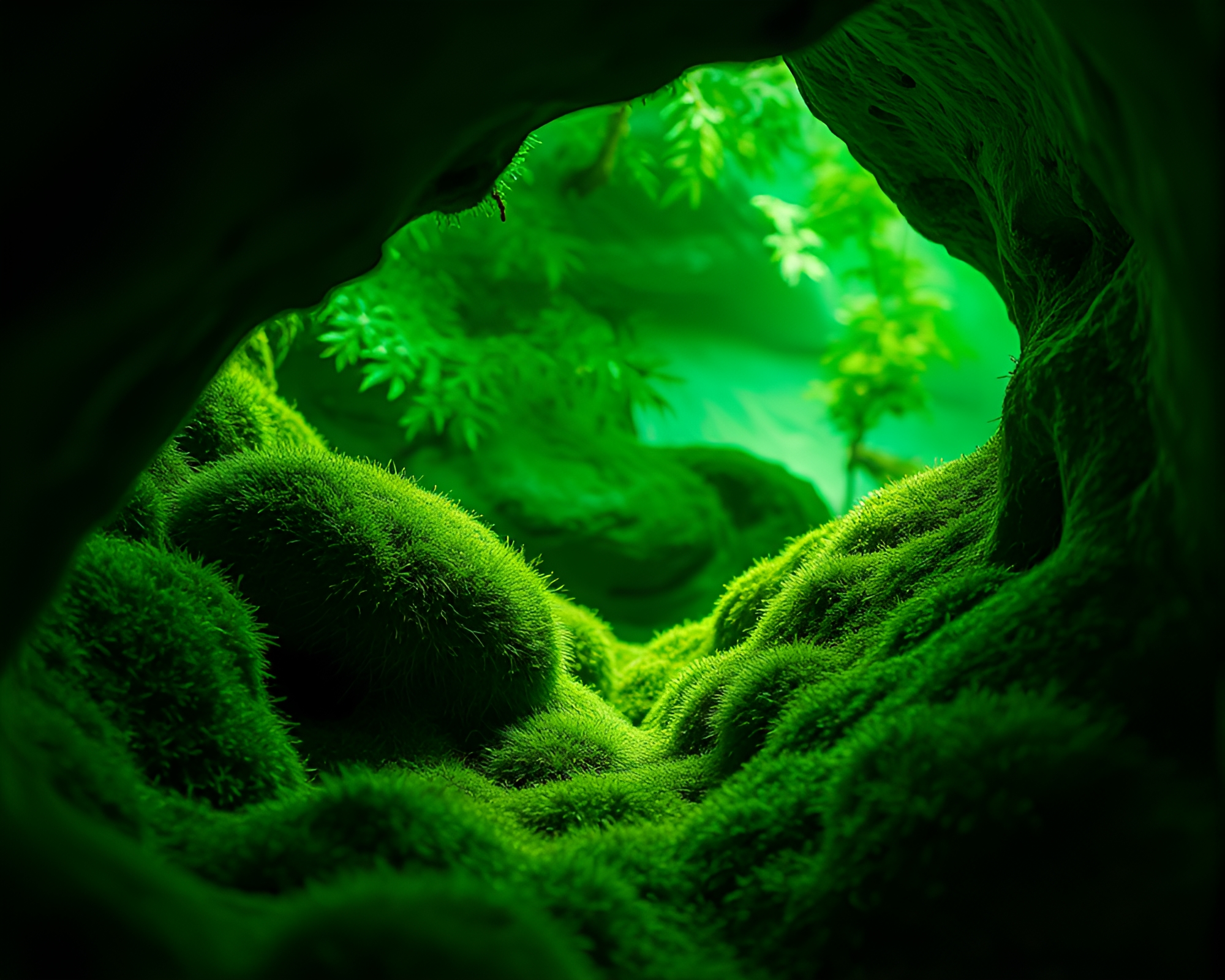 Enchanting Moss-Covered Cave Painting in Mint Green Hue – free AI stock image