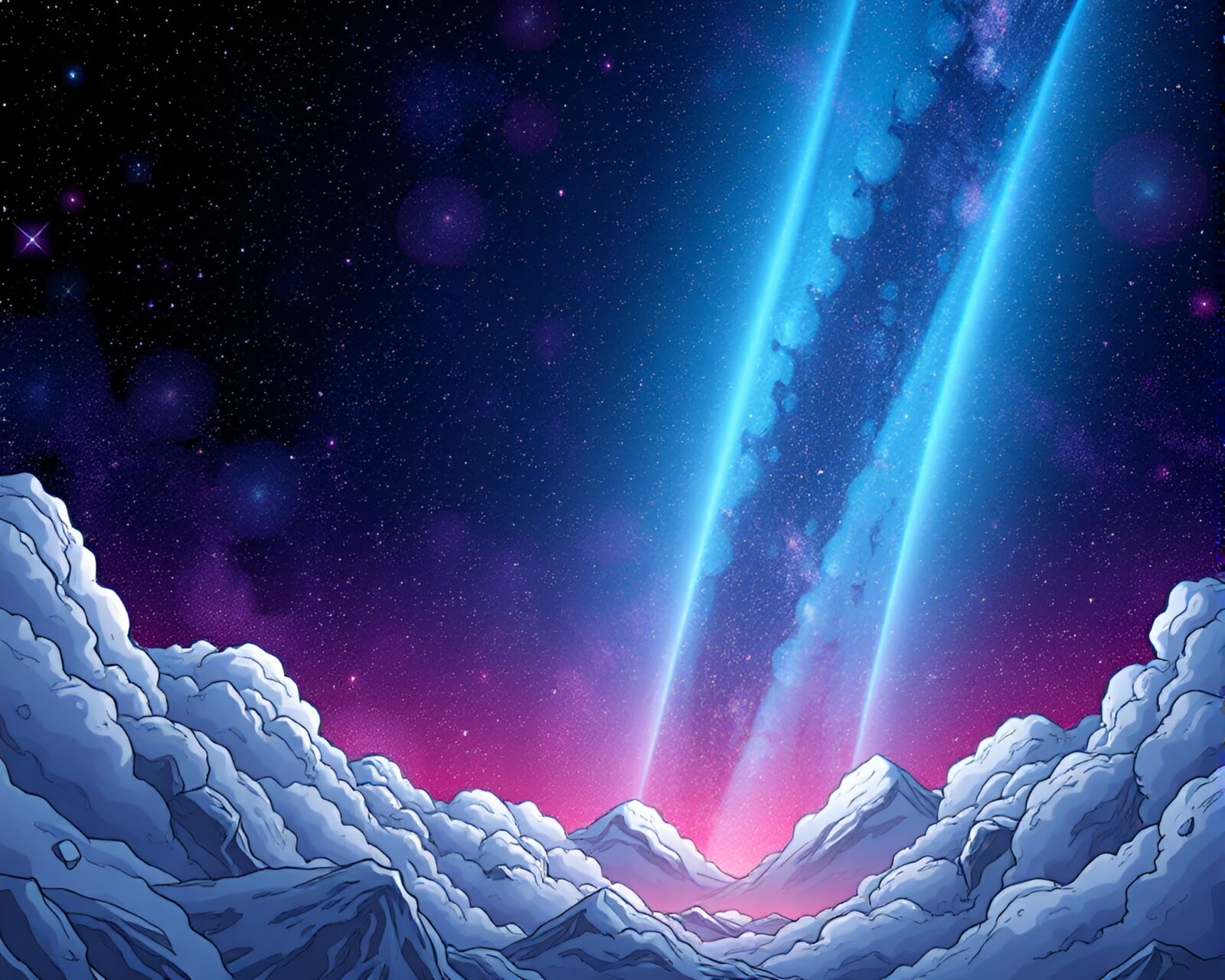 Comic book style portal with floating particles under starlit sky