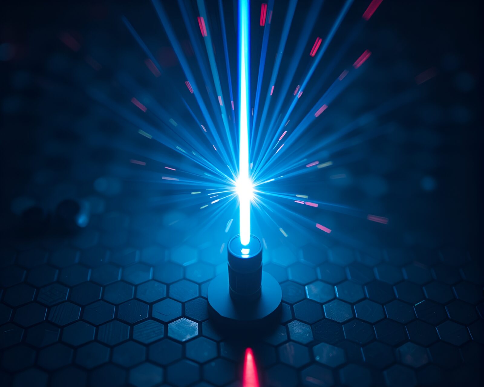 Miniature hexagonal tiling arena with glowing laser sword duel