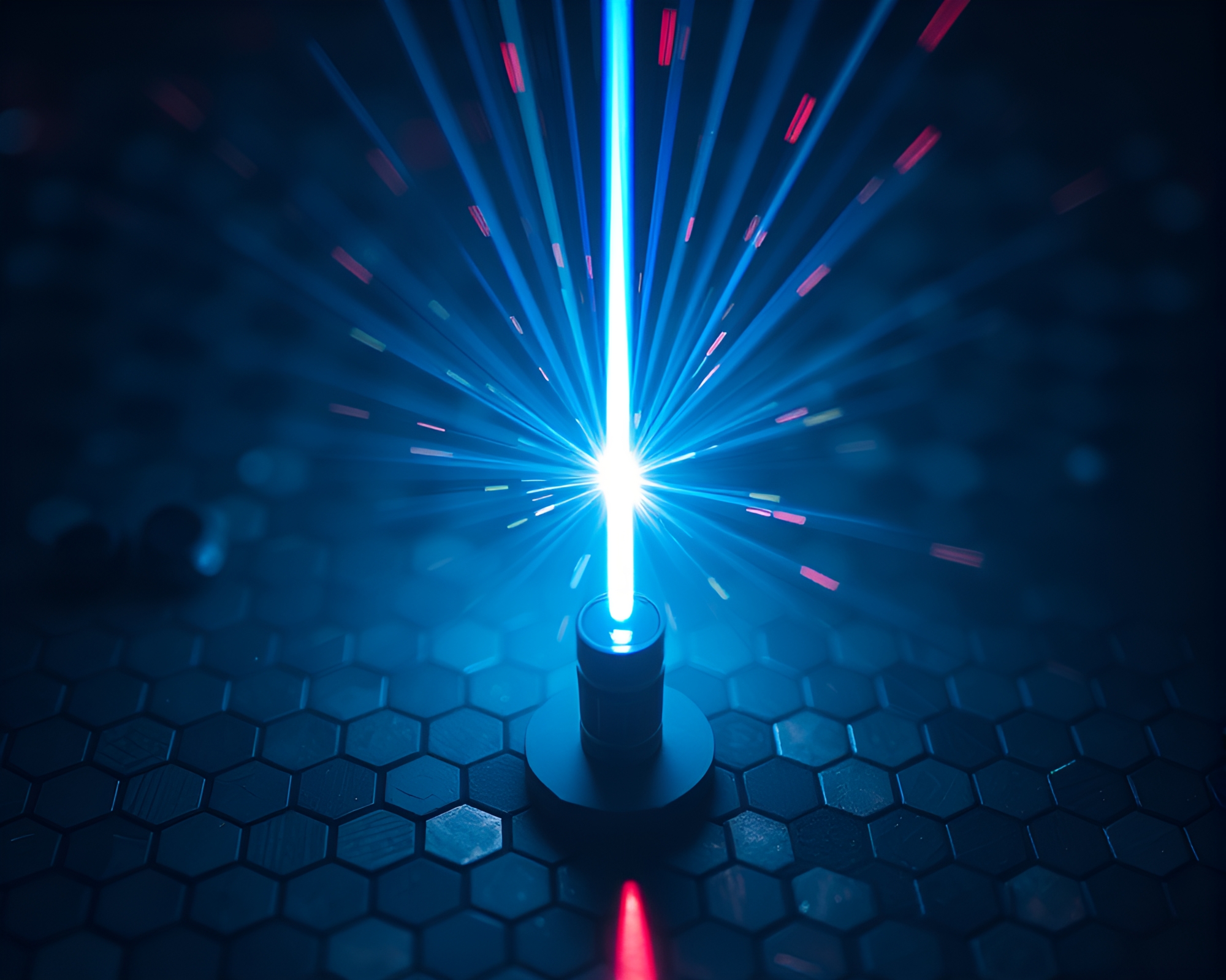 Hexagonal Laser Sword Duel with Lens Flare Bursts – free AI stock image