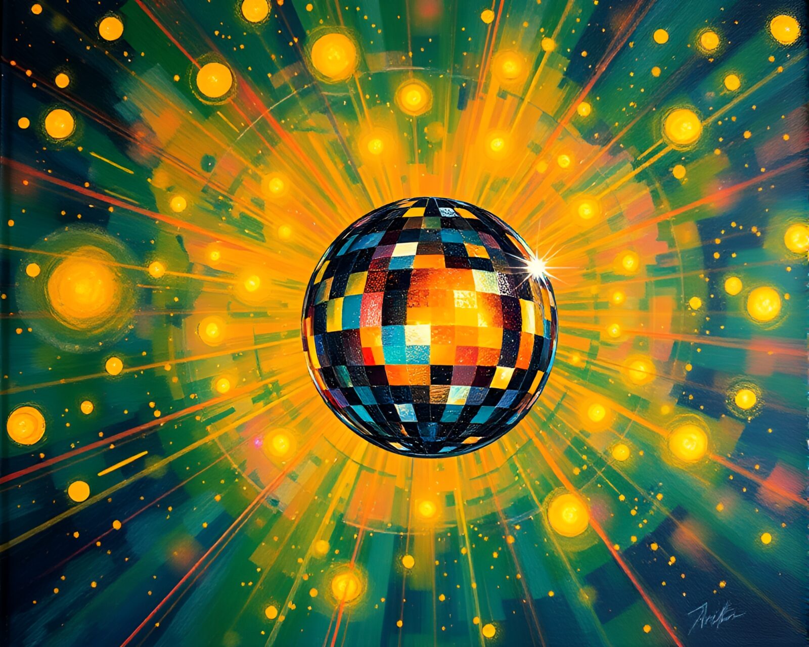 Abstract tempera painting of combat with mildew and disco ball glow