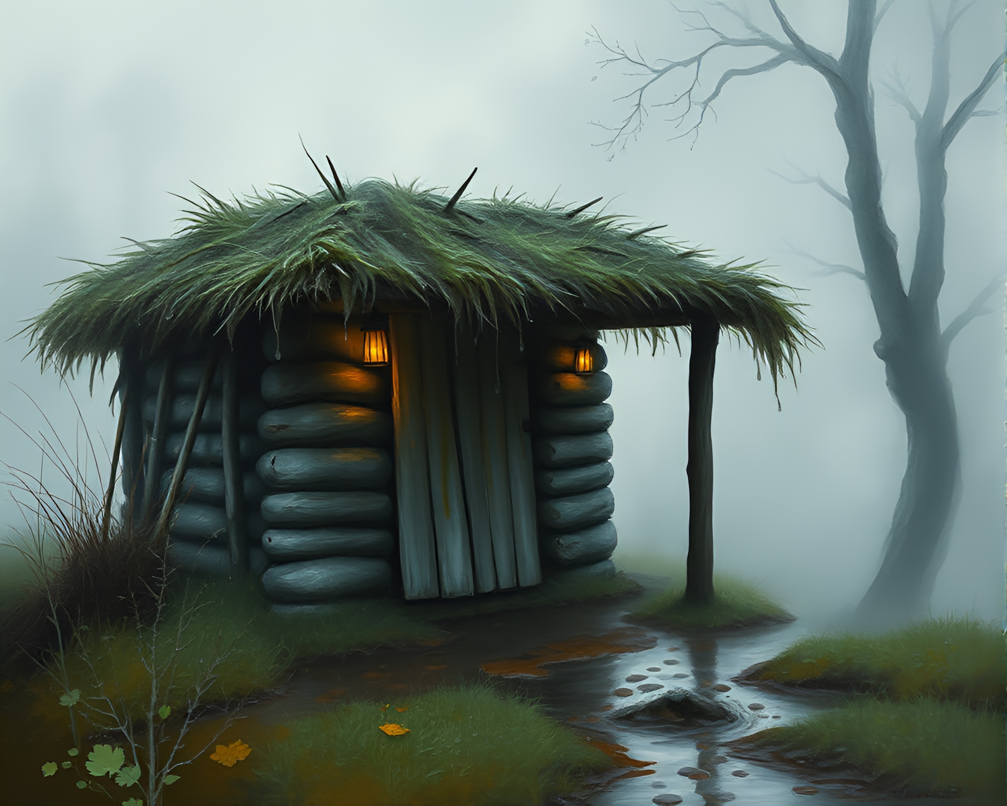 Misty Mud Hut adorned with dew drops – free AI stock image