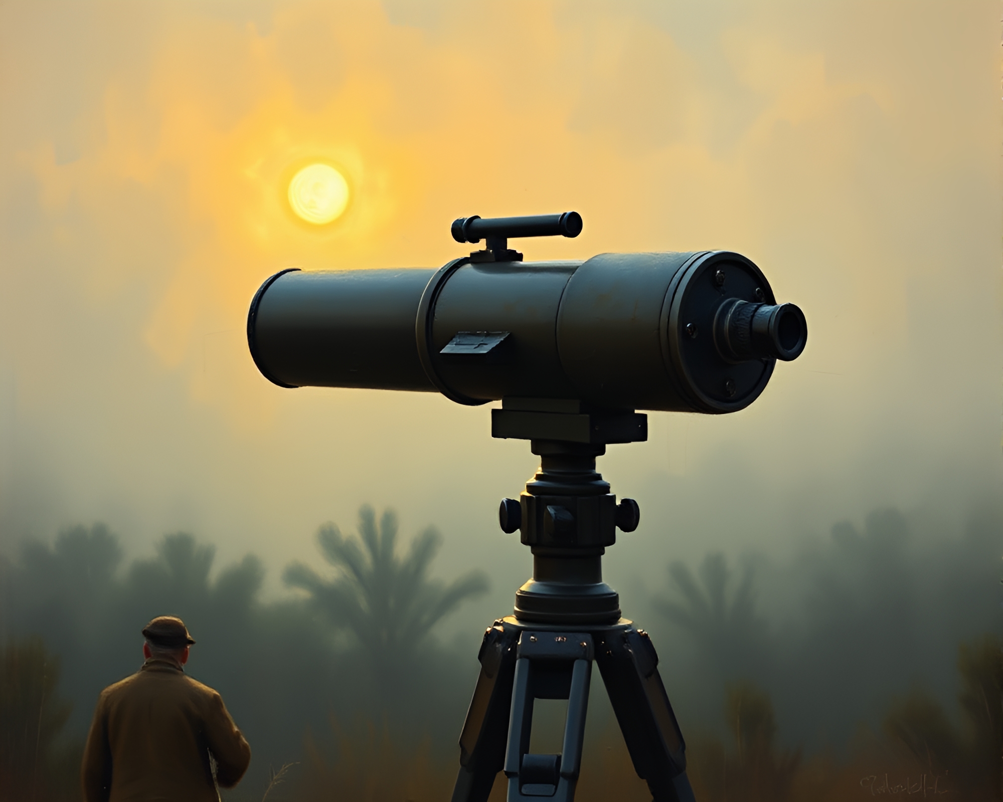 Vintage telescope portrait in dawn mist impressionism – free AI stock image