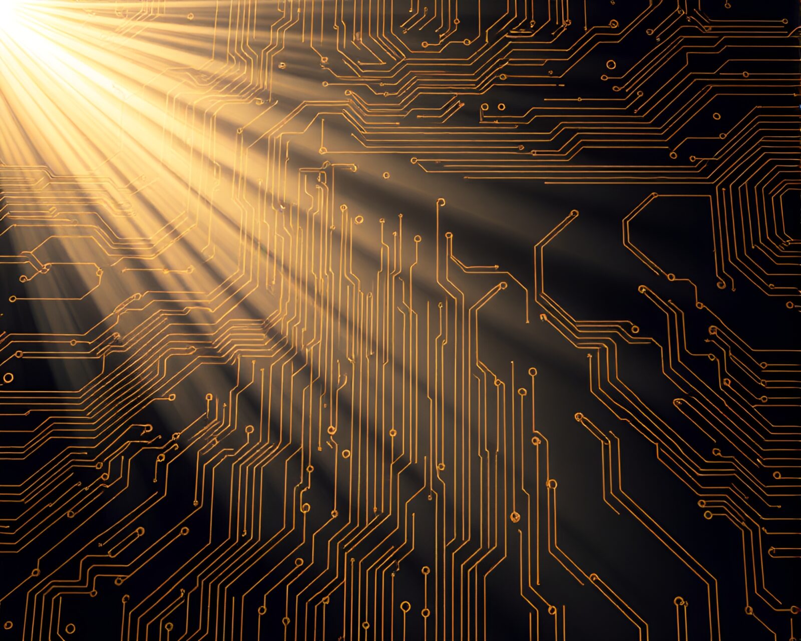Sunbeam rays illuminating intricate circuit board arrangement in matte style