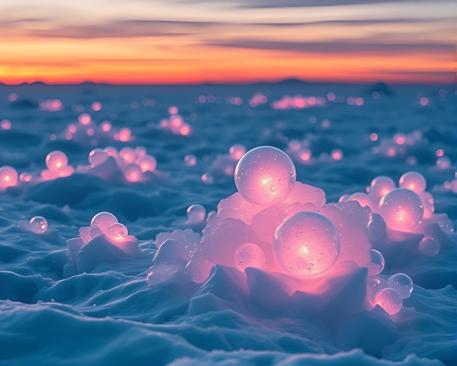 Futuristic cloth simulation depicts alluring siren in icy bubble cluster