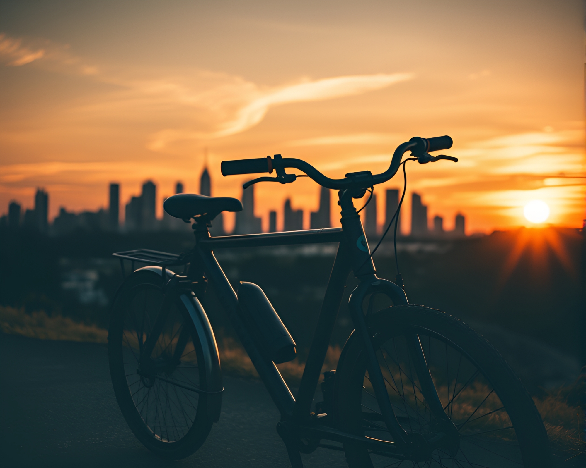 Golden Solar Bike in Duotone Sunset Skyline – free AI stock image