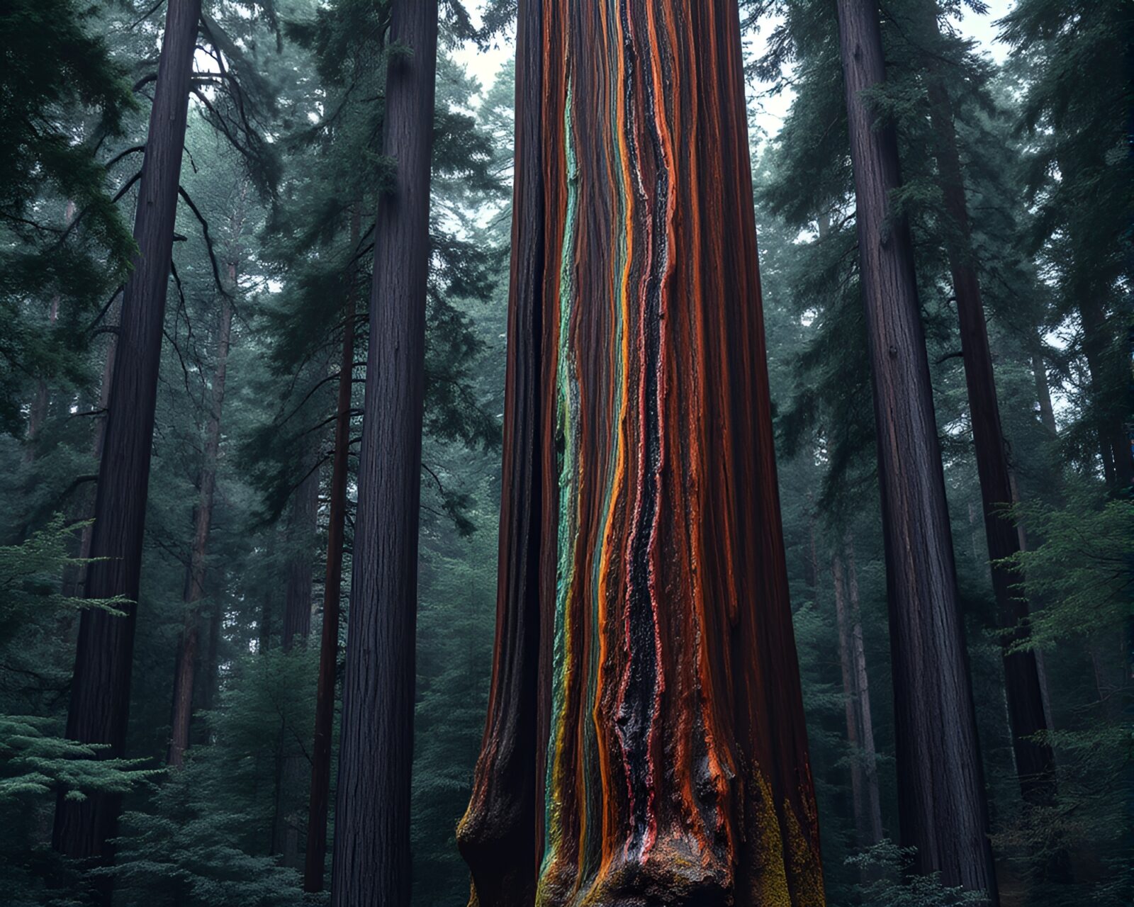 Oil slick rainbow shining on massive redwood tree in grayscale