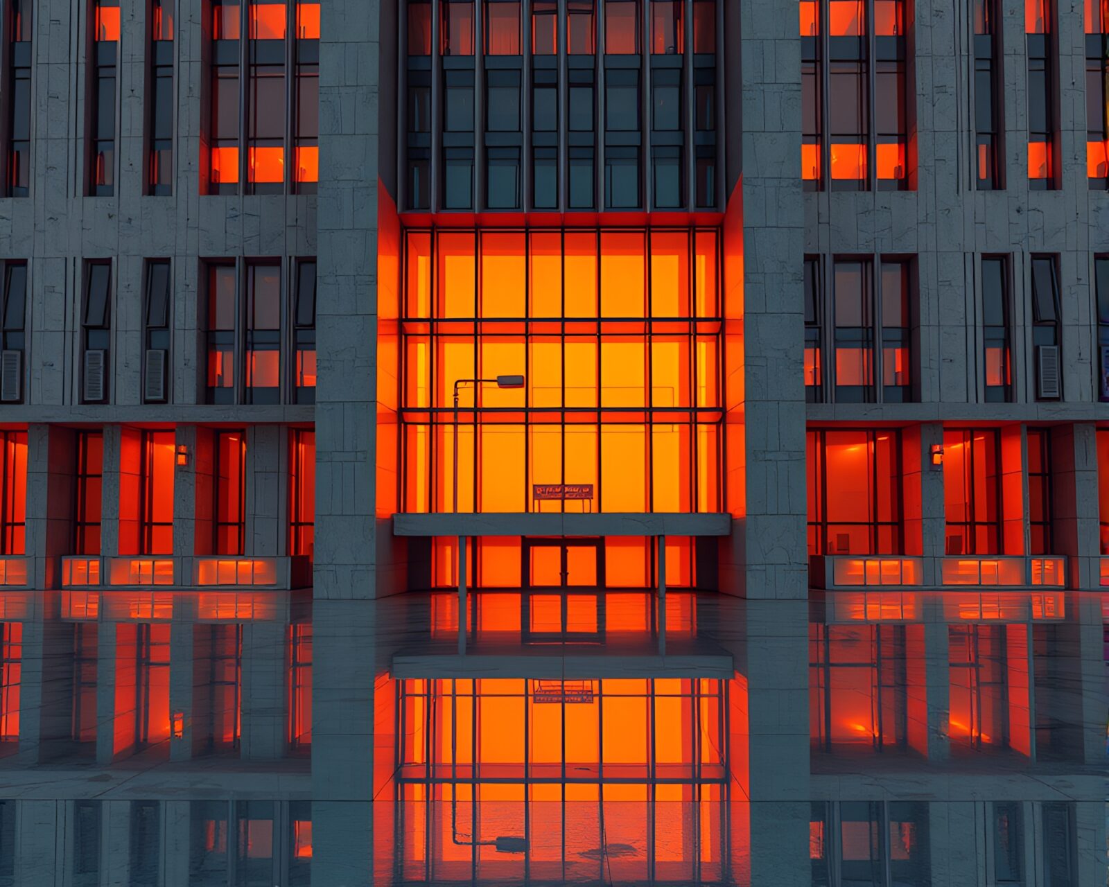 Procedurally generated image featuring a brutalist structure in warm orange light.