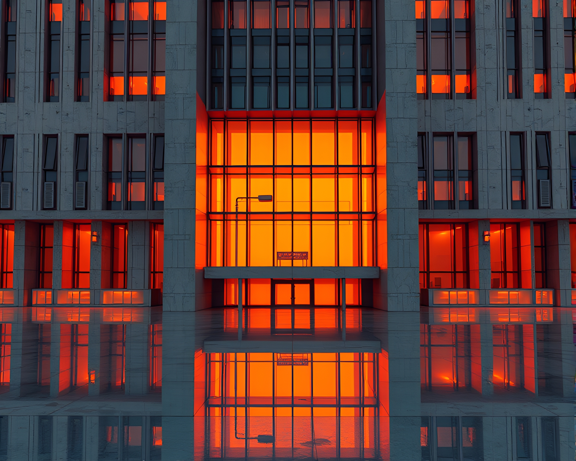 Brutalist Building Reflected in Burnt Orange Glow – free AI stock image