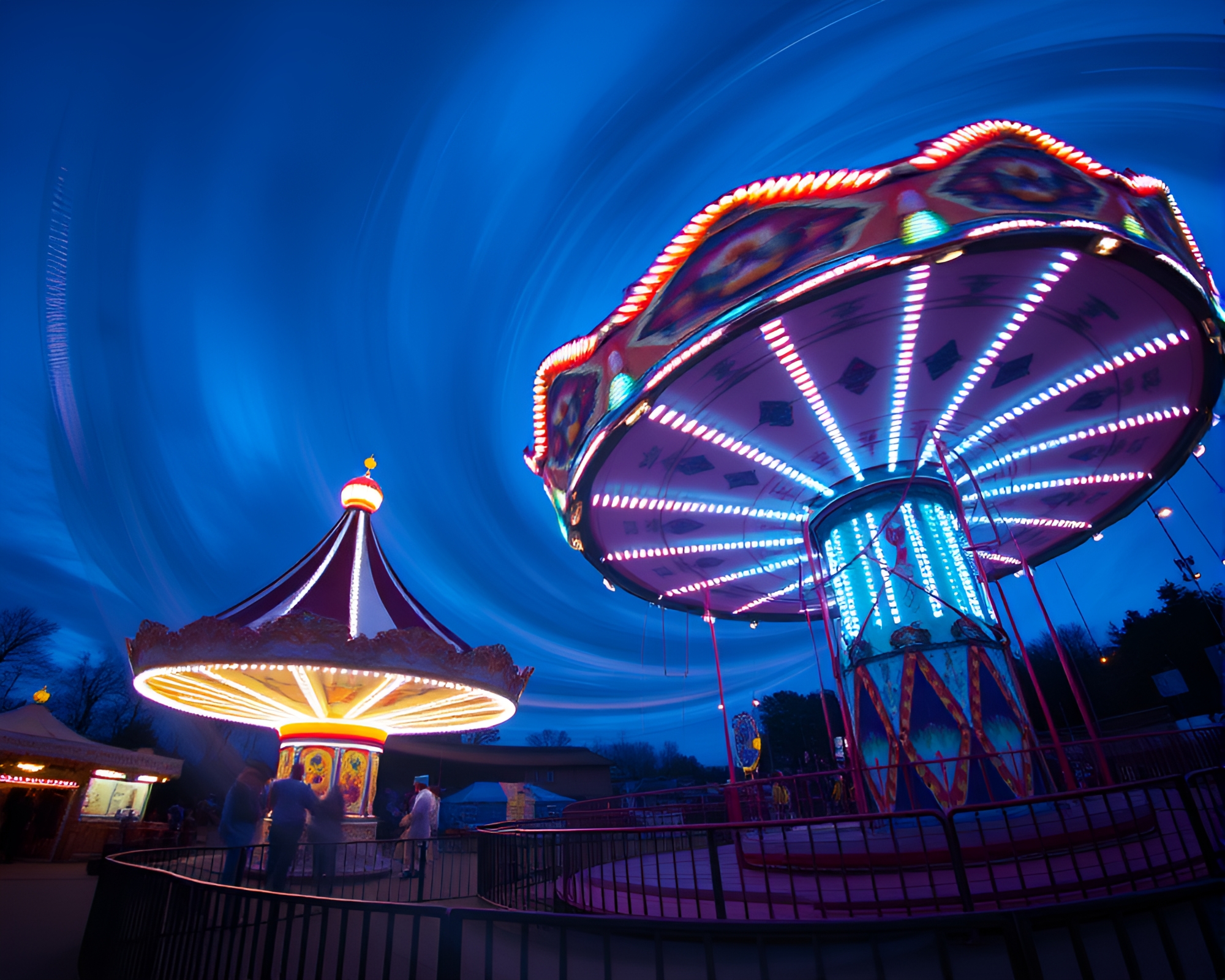 Carnival Carousel at Twilight Blue Hour with Fluorescent Lighting – free AI stock image