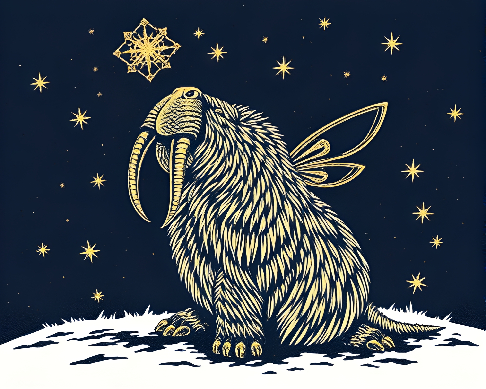 Engraved Walrus Swimming in Sparkling Fairy Lights – free AI stock image