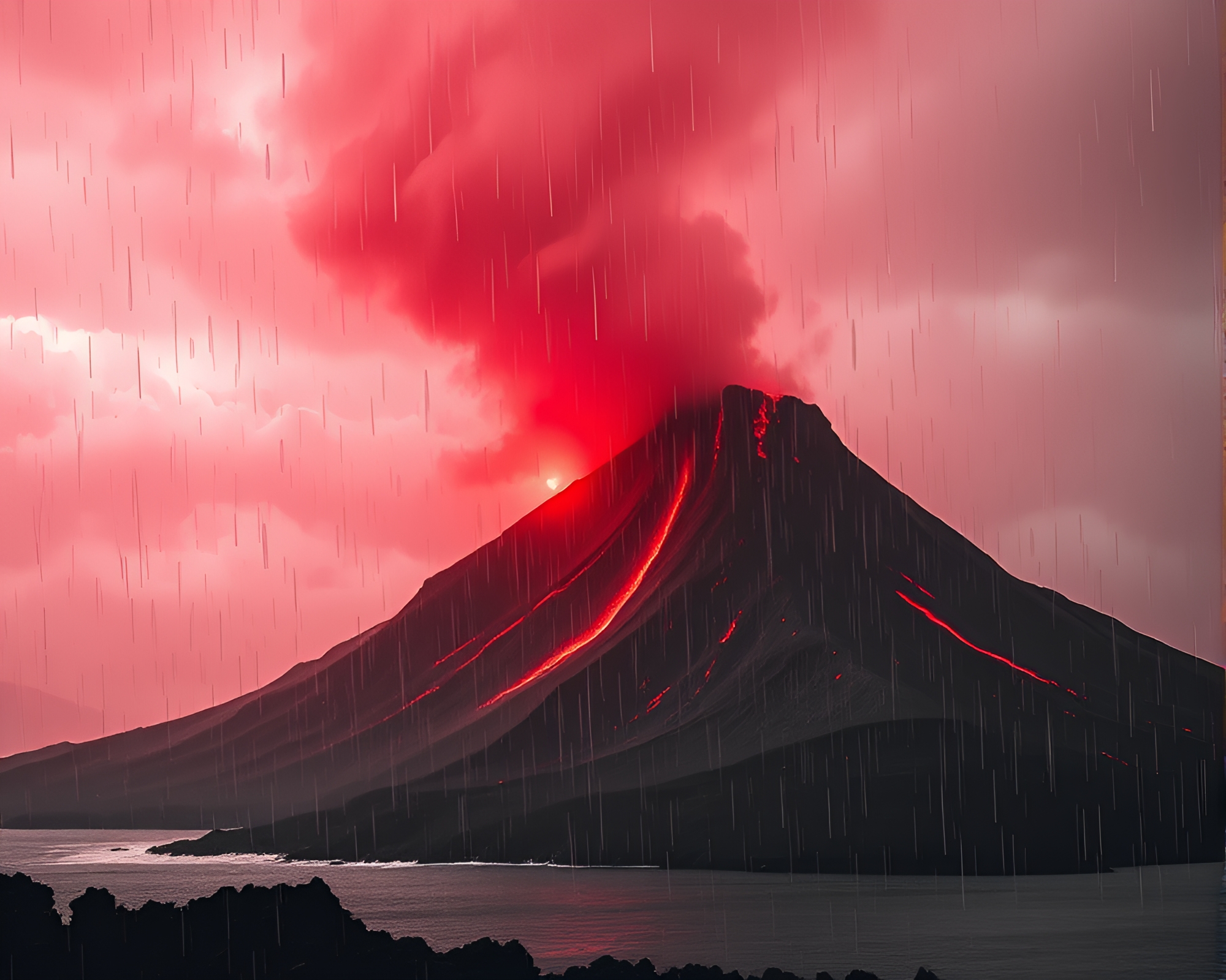 Ethereal Rain Droplets on Volcanic Island – free AI stock image