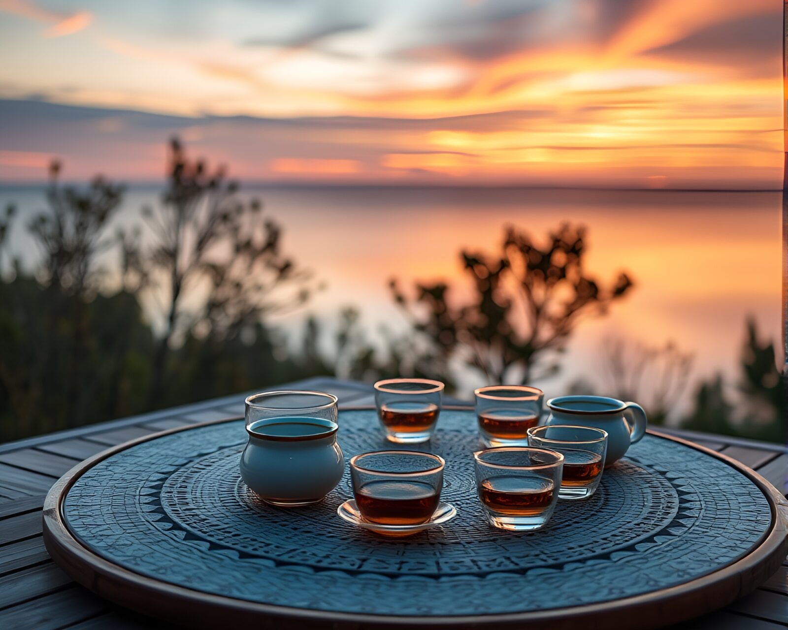 Realistic tea set illuminated by dusk light in circular composition