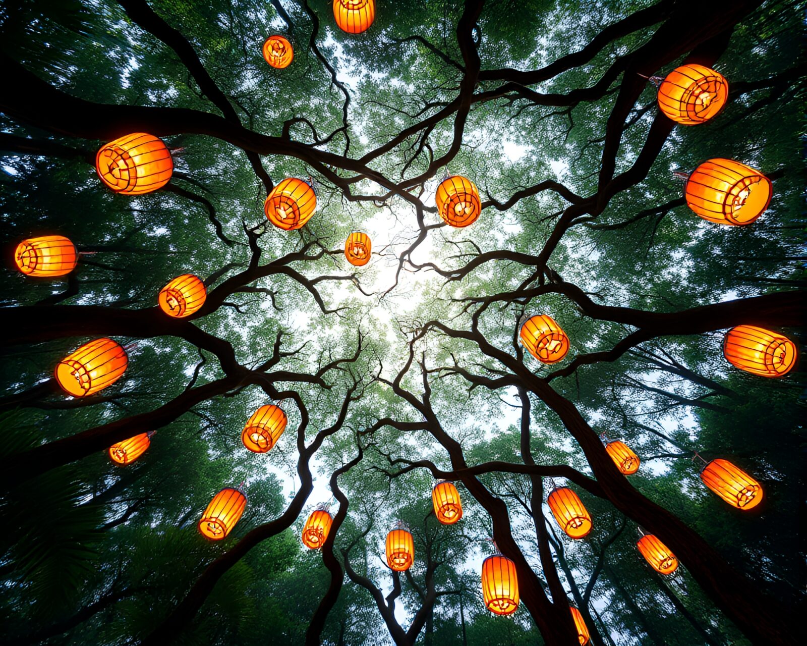 Procedural texture jungle canopy with floating lanterns