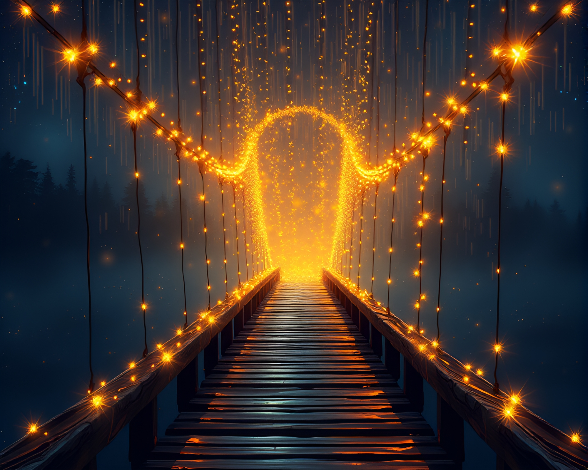 Enchanted Wooden Bridge with Gold Foil Highlights – free AI stock image