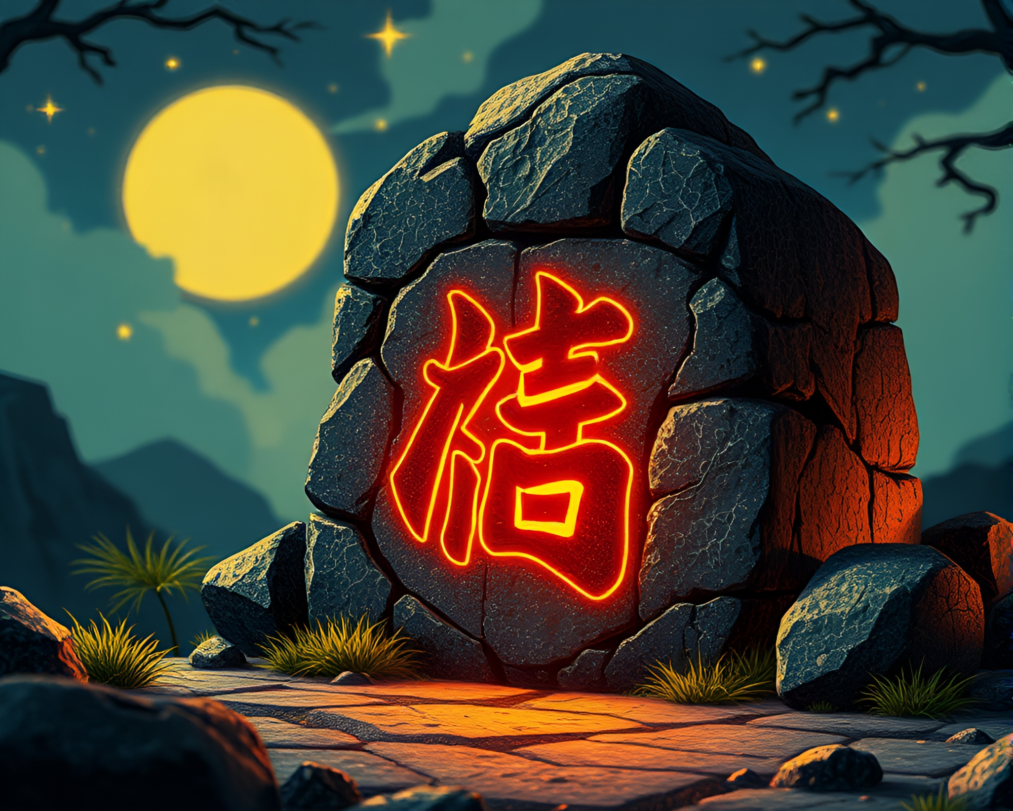 Enchanting Woodblock Print of Glowing Rune Stone – free AI stock image
