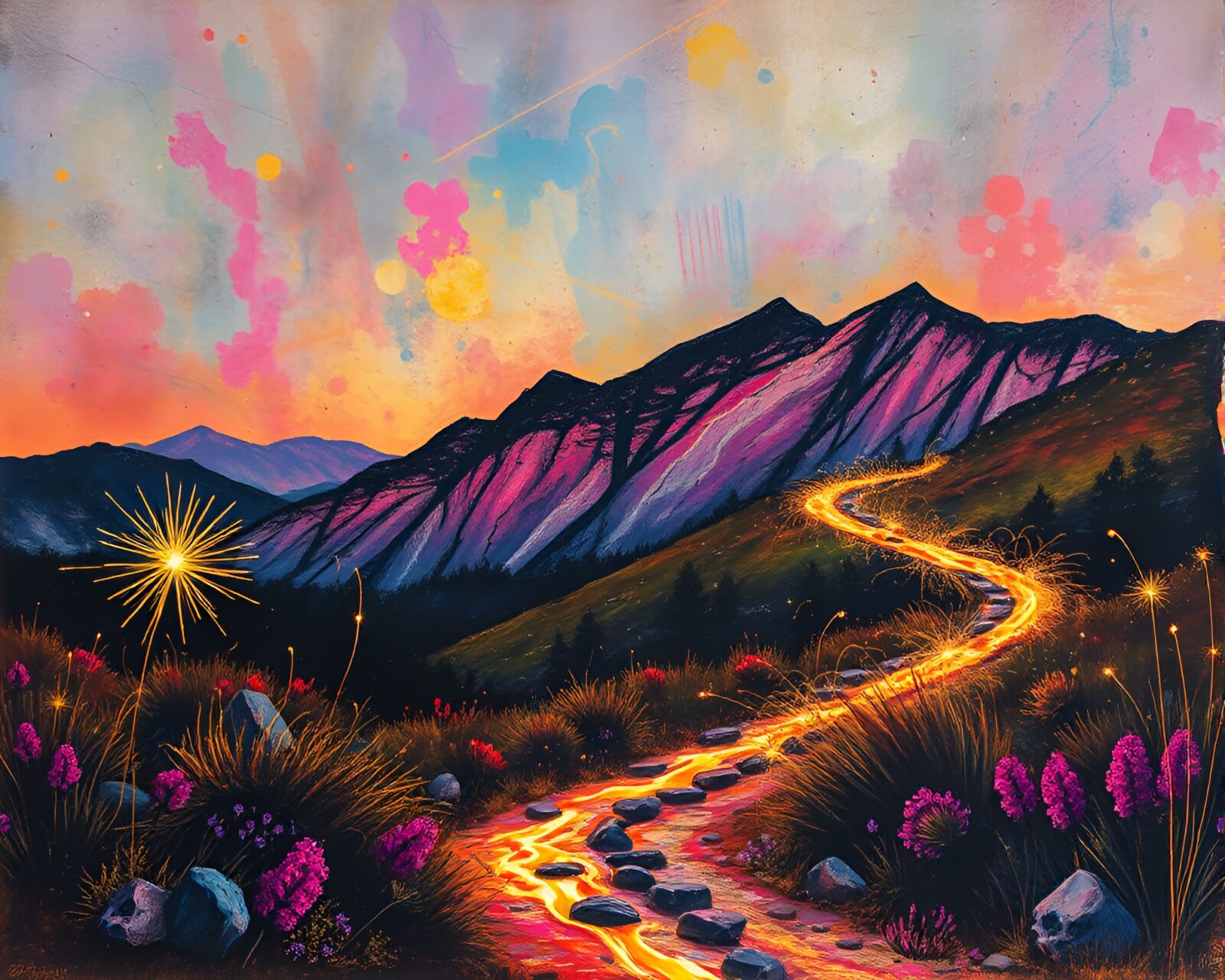 Mysterious figure in colorful graffiti environment with swirling sparklers