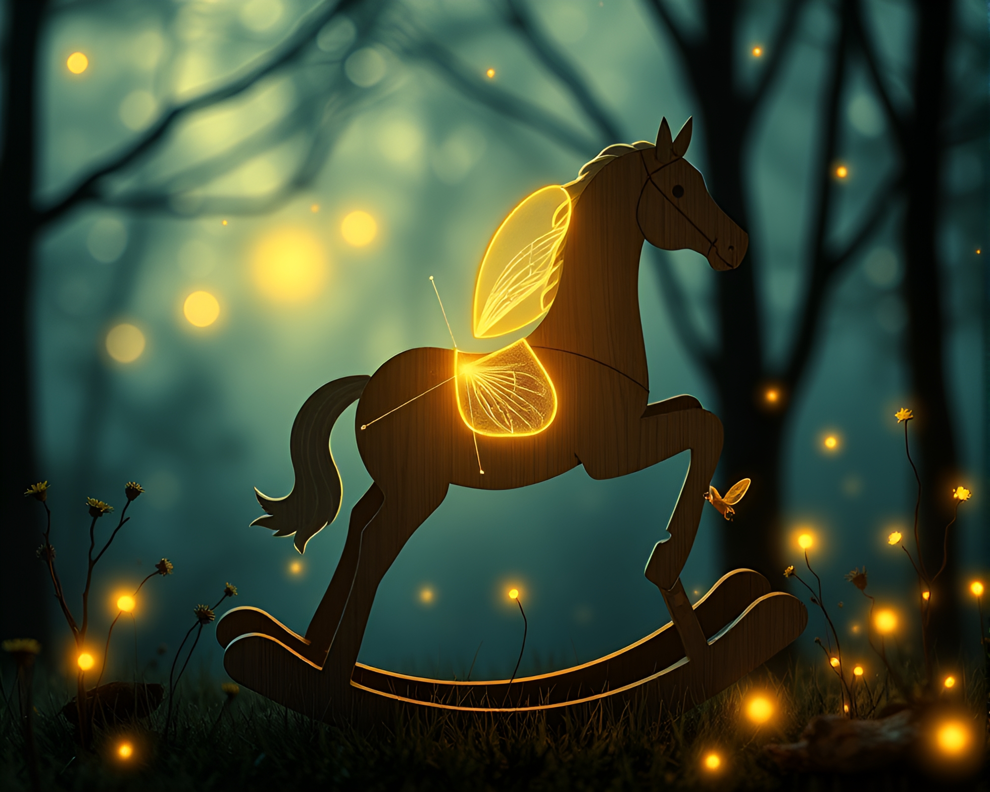 Enchanted Wooden Rocking Horse Illuminated by Fireflies – free AI stock image