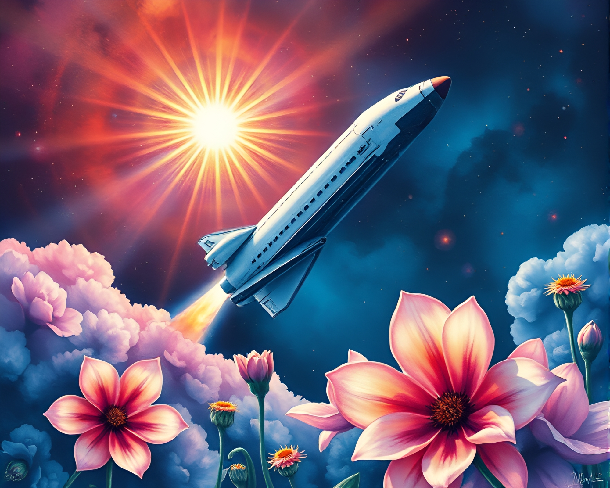 Watercolor Space Shuttle Orbited by Solar Flares – free AI stock image