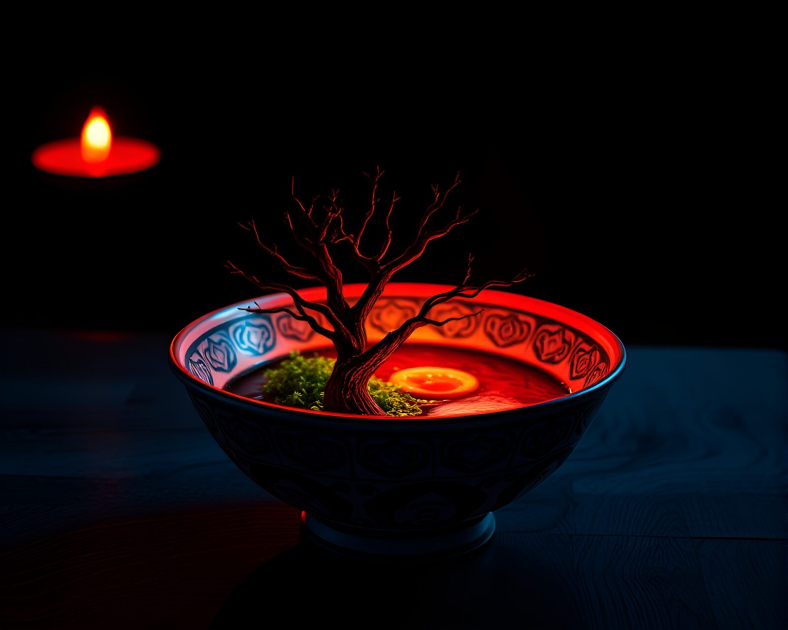 Duotone red-blue ambiance in a candlelit ramen bowl setting