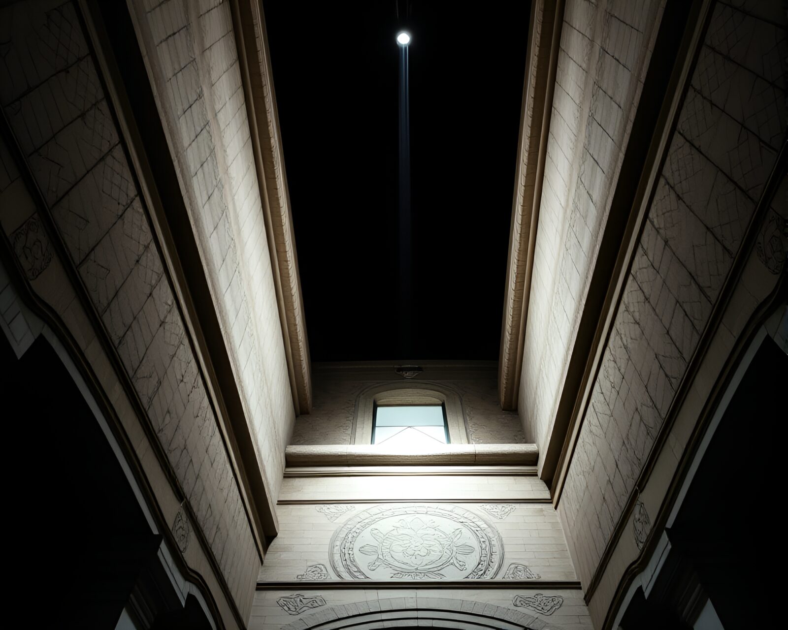 Glowing beetle-shaped spotlight in modern architectural setting