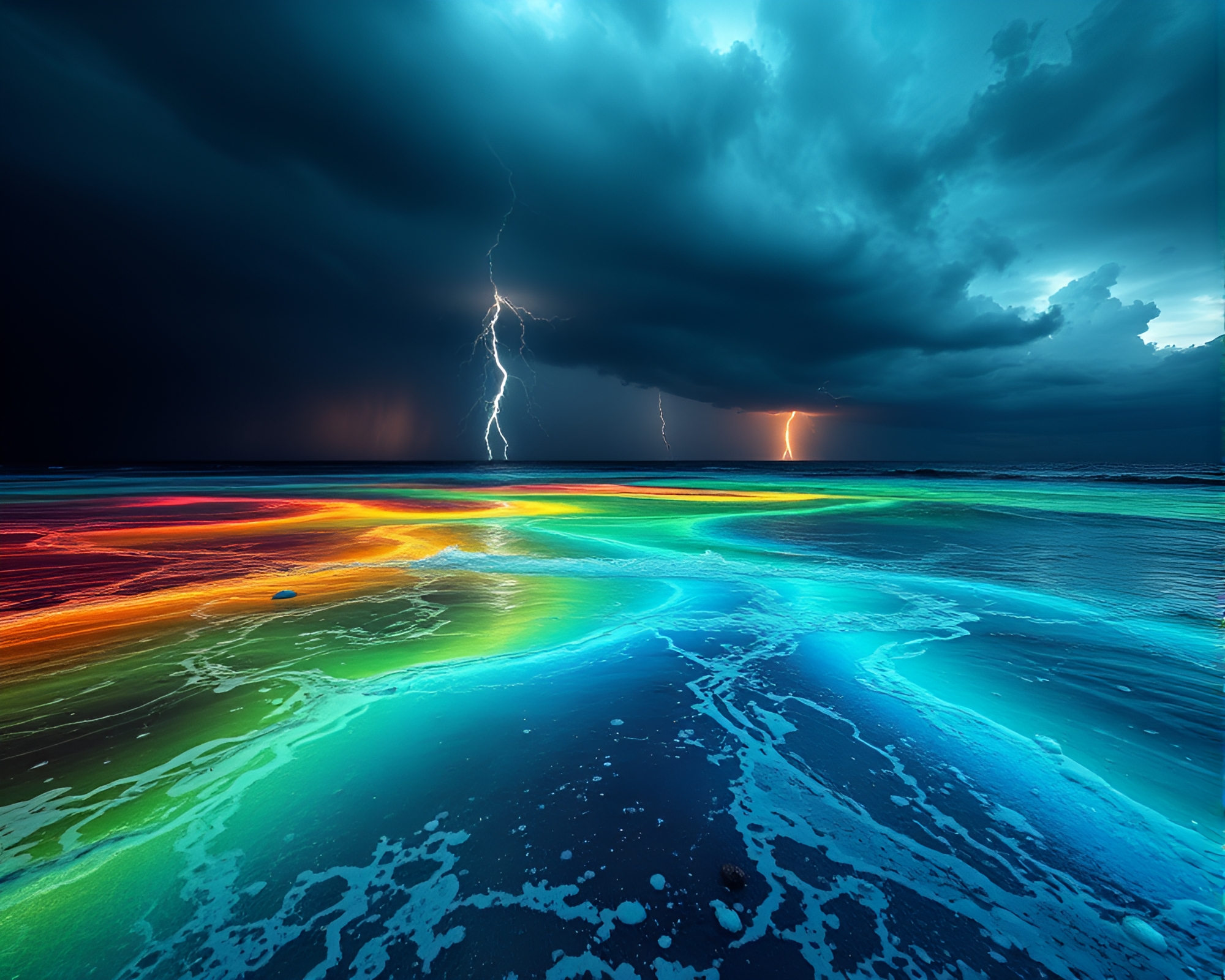 Neon Thunderstorm: Macro Oil Slick Rainbow Dream – free AI stock image