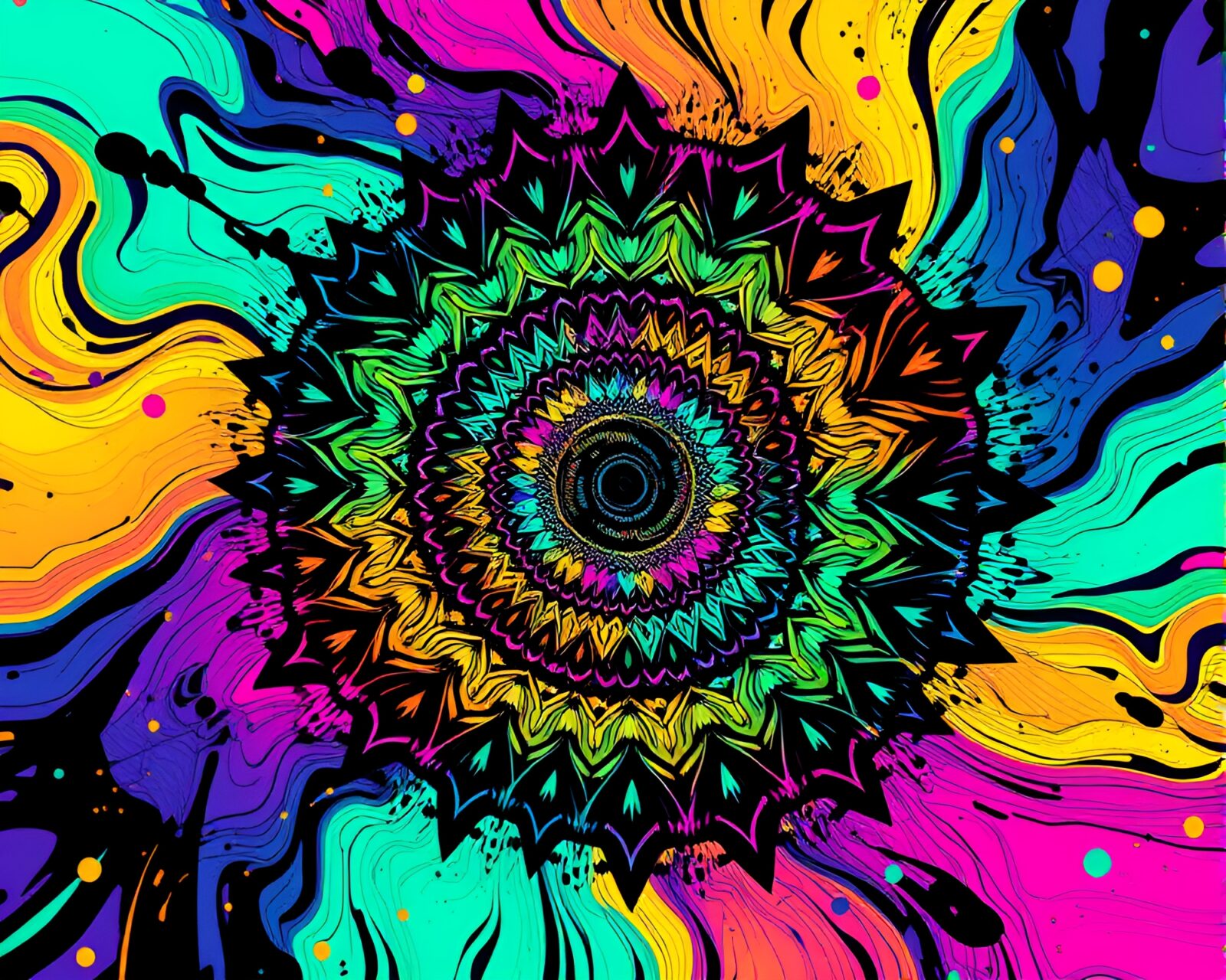 Swirling colorful graffiti mandala in vaporwave style.