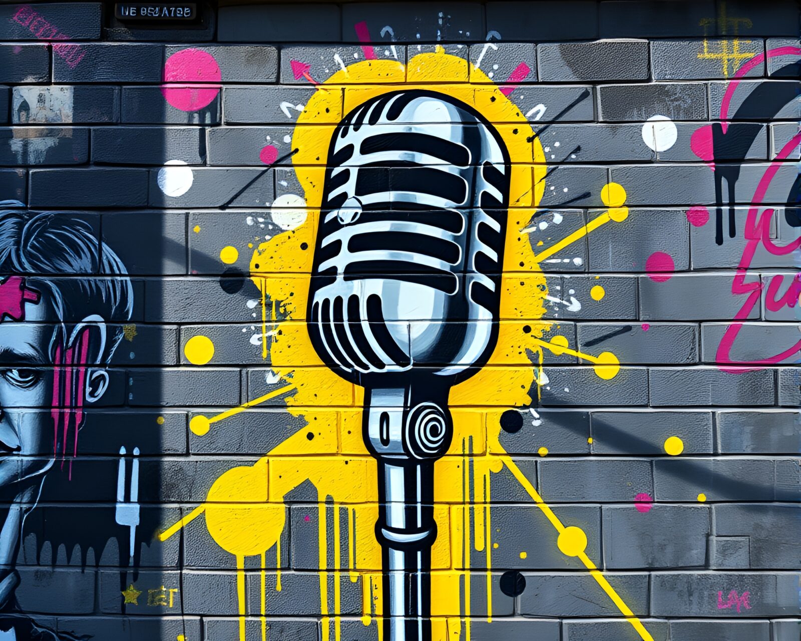 Dark artistic mural with microphone in material design style
