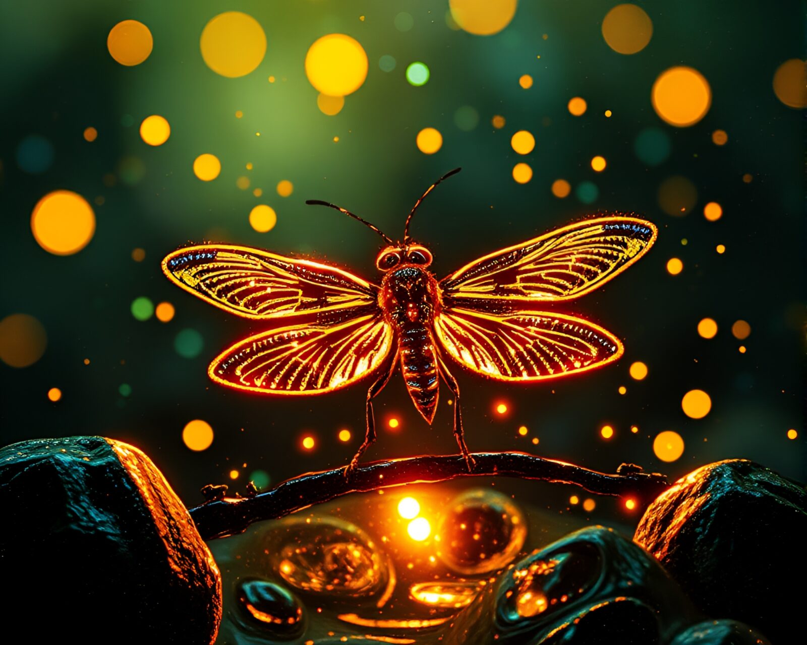 A mesmerizing scene of fireflies dancing above a hot spring