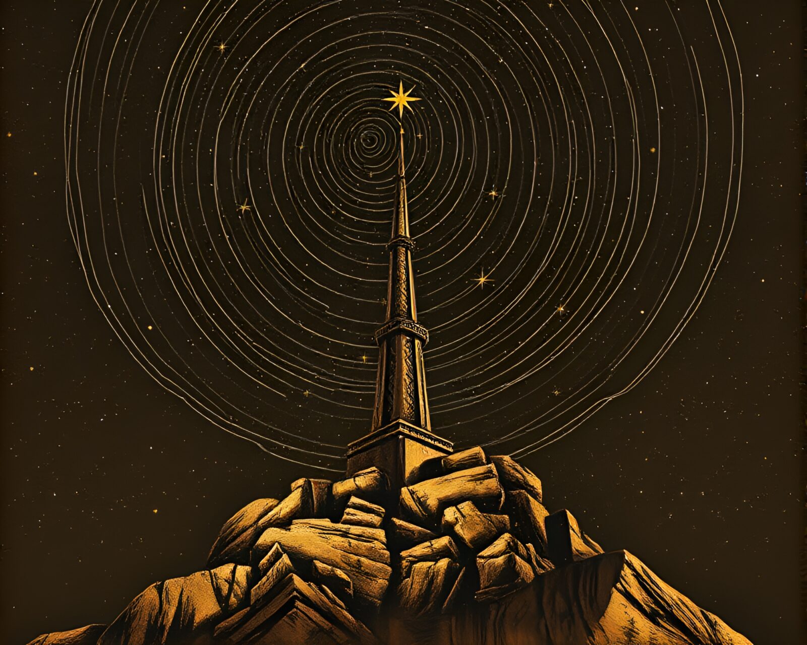 Majestic tower under star trails with bronze sheen calligraphy design