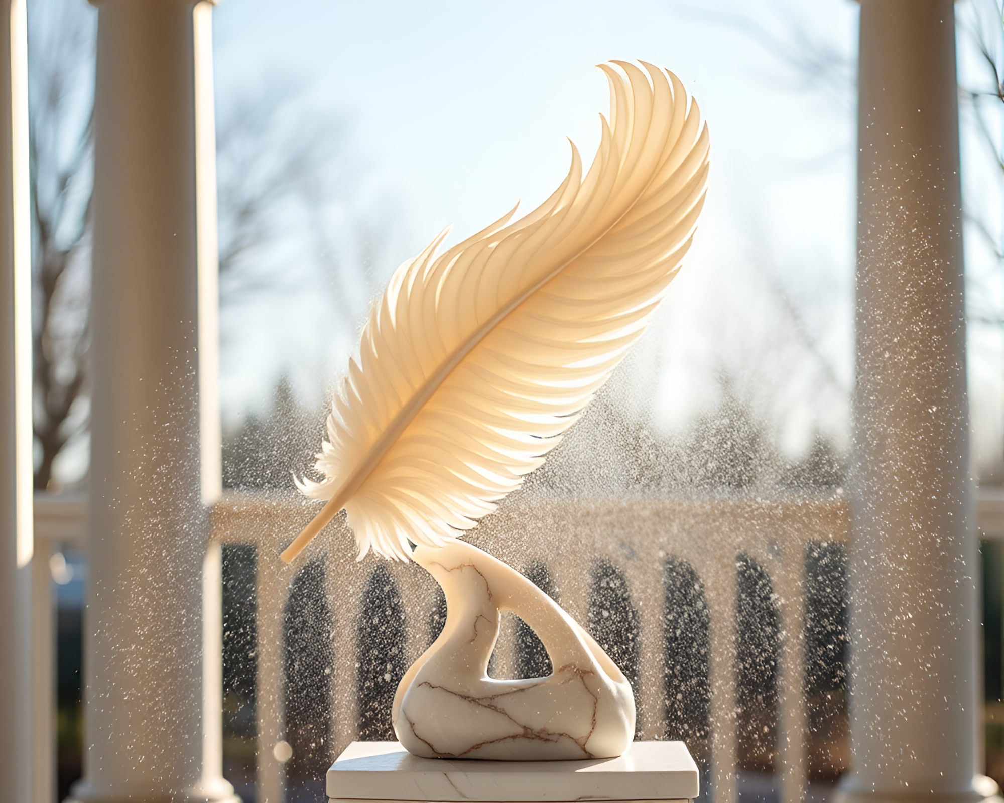 Elegant Marble Sculpture Dusting with Feathers in Warm Porchlight – free AI stock image