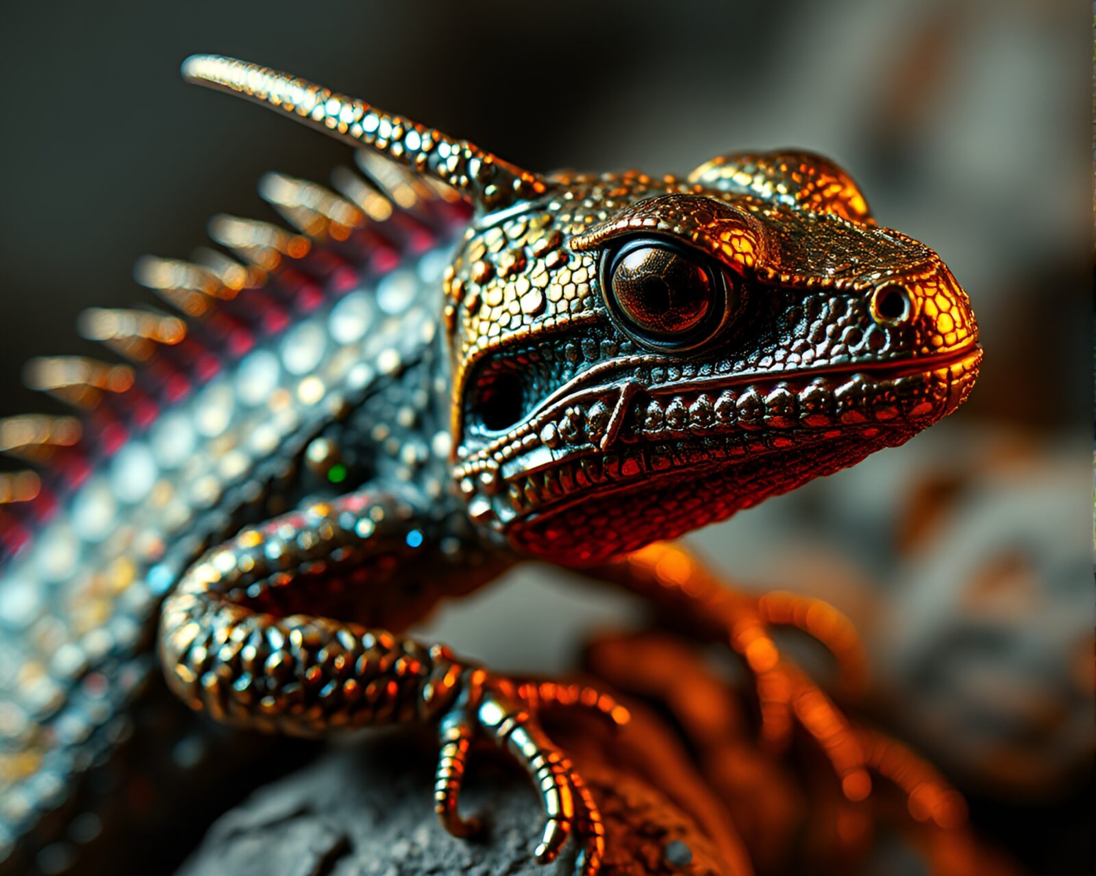 Abstract glitchy basilisk creature with metallic sheen