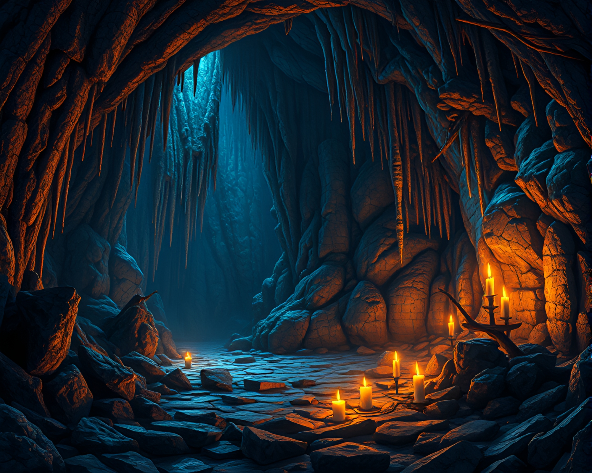 Broken mosaic cave with toon stalactites – free AI stock image