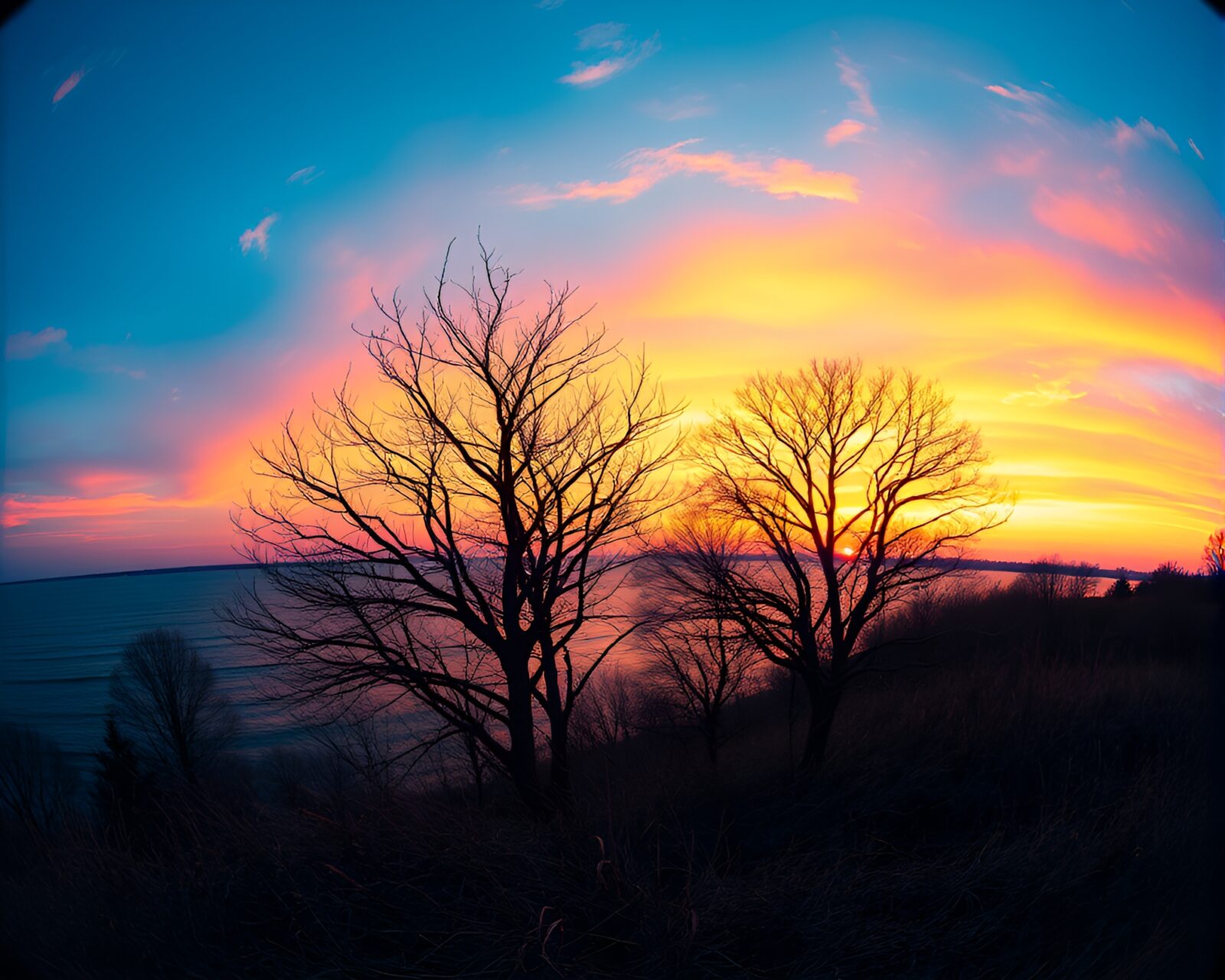 Colorful fractal pattern during sunset, distorted by fisheye lens
