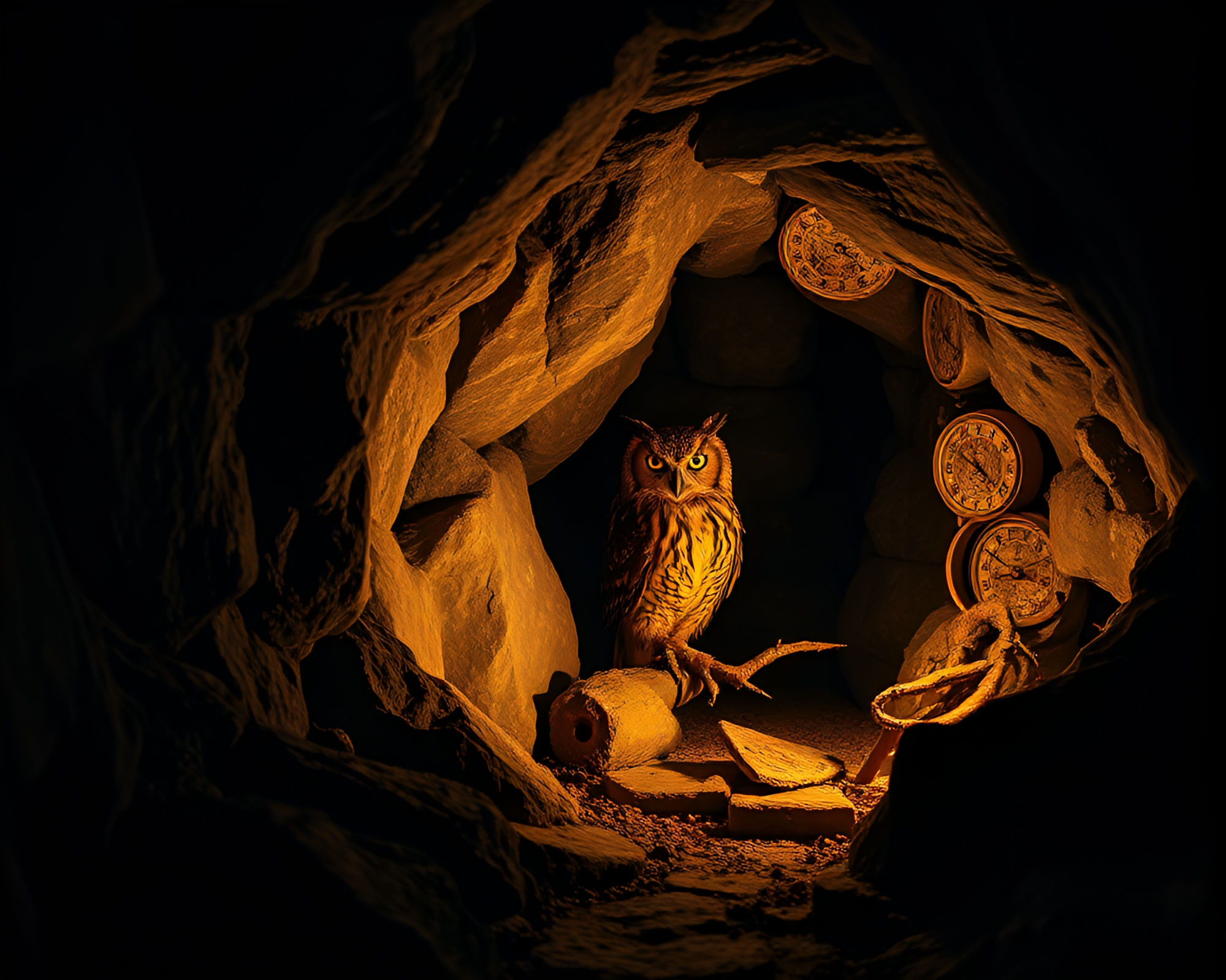 Clockwork Owl in Dark Cave Entrance: Stereograph Composition – free AI stock image