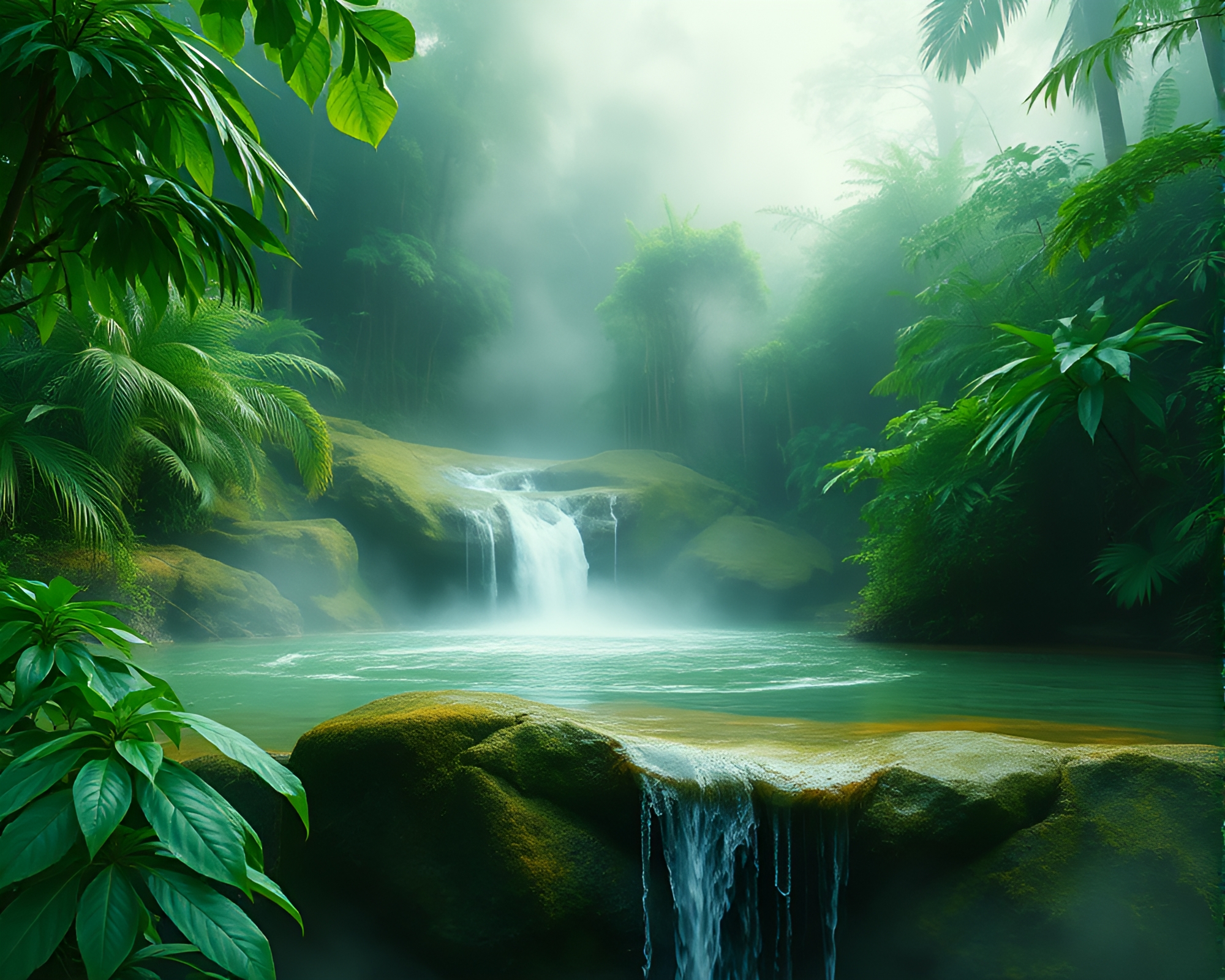 Glistening Water Droplets in Enchanting Rainforest Hot Spring – free AI stock image
