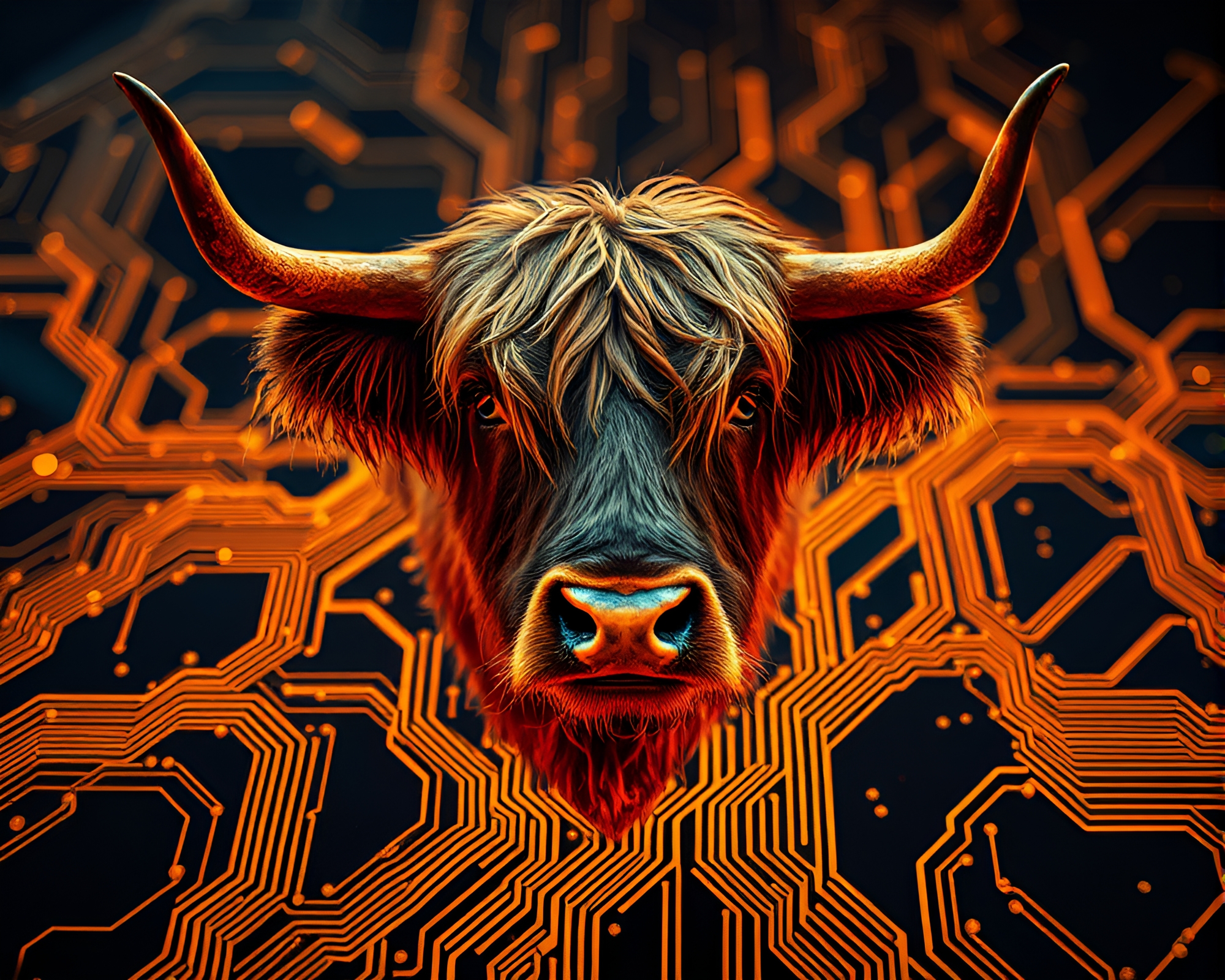 LED Highland Cow Grazing on Circuit Board Meadow – free AI stock image