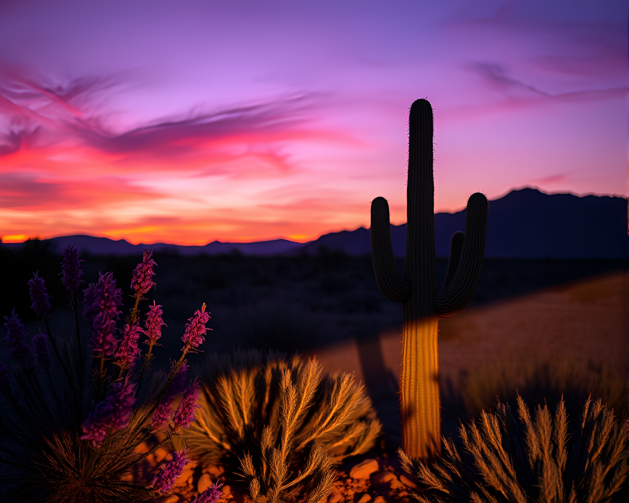 Twilight Shadow Play: Cactus Silhouette in Lavender Desert – free AI stock image