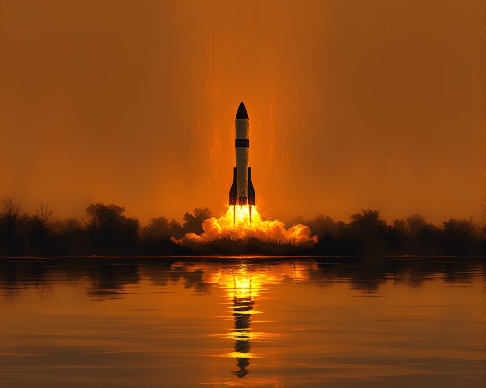 Grisaille style rocket blasting off during vibrant sunset reflection