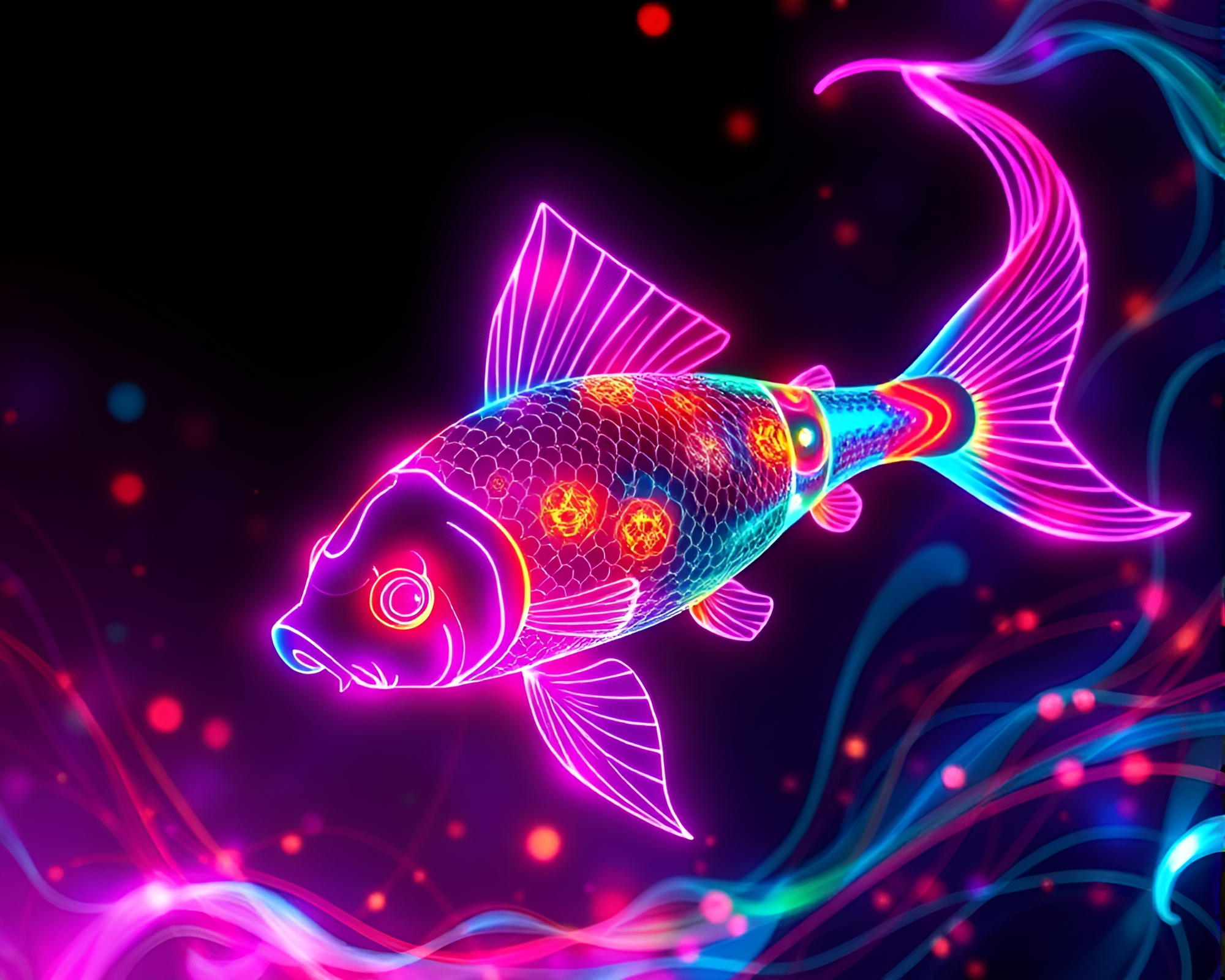Neon Wireframe Koi Fish in Glitchy Kinetic Art – free AI stock image