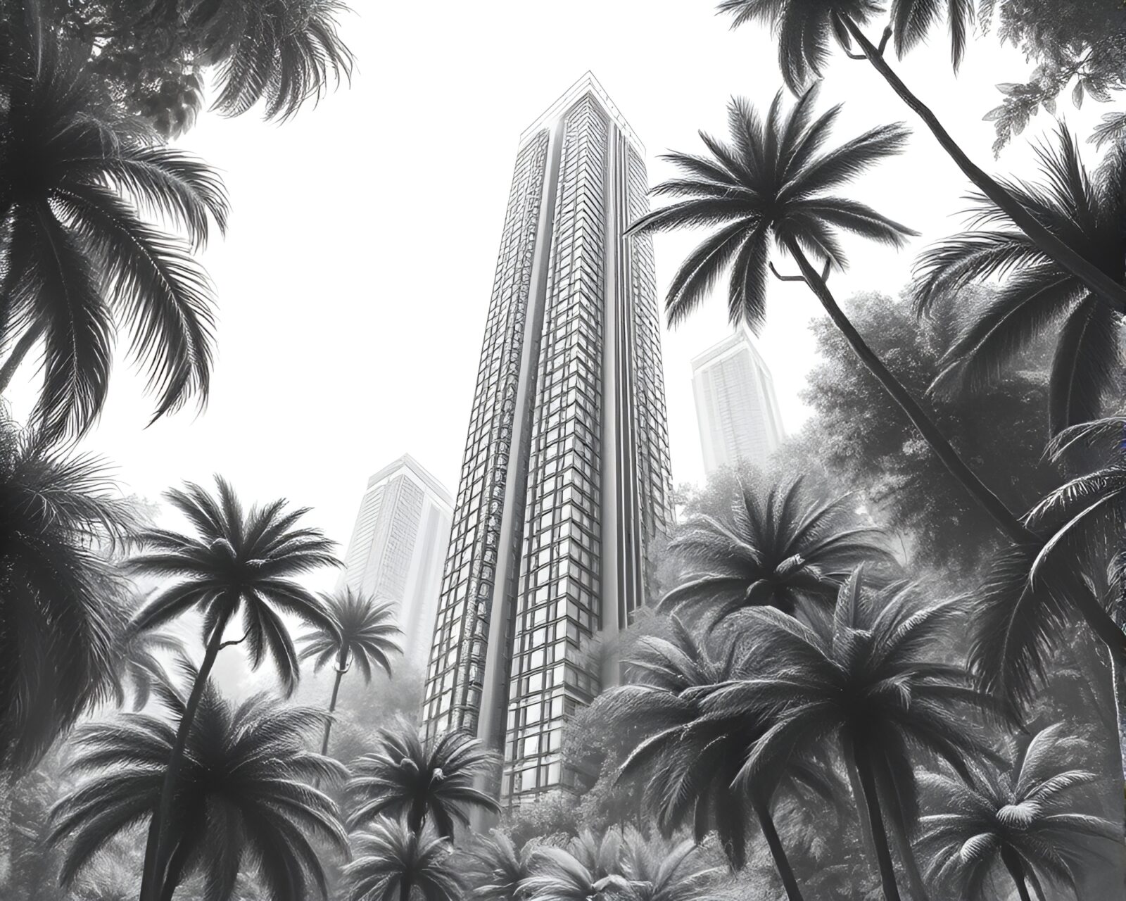 Detailed charcoal sketch of skyscraper in Fibonacci spiral jungle canopy