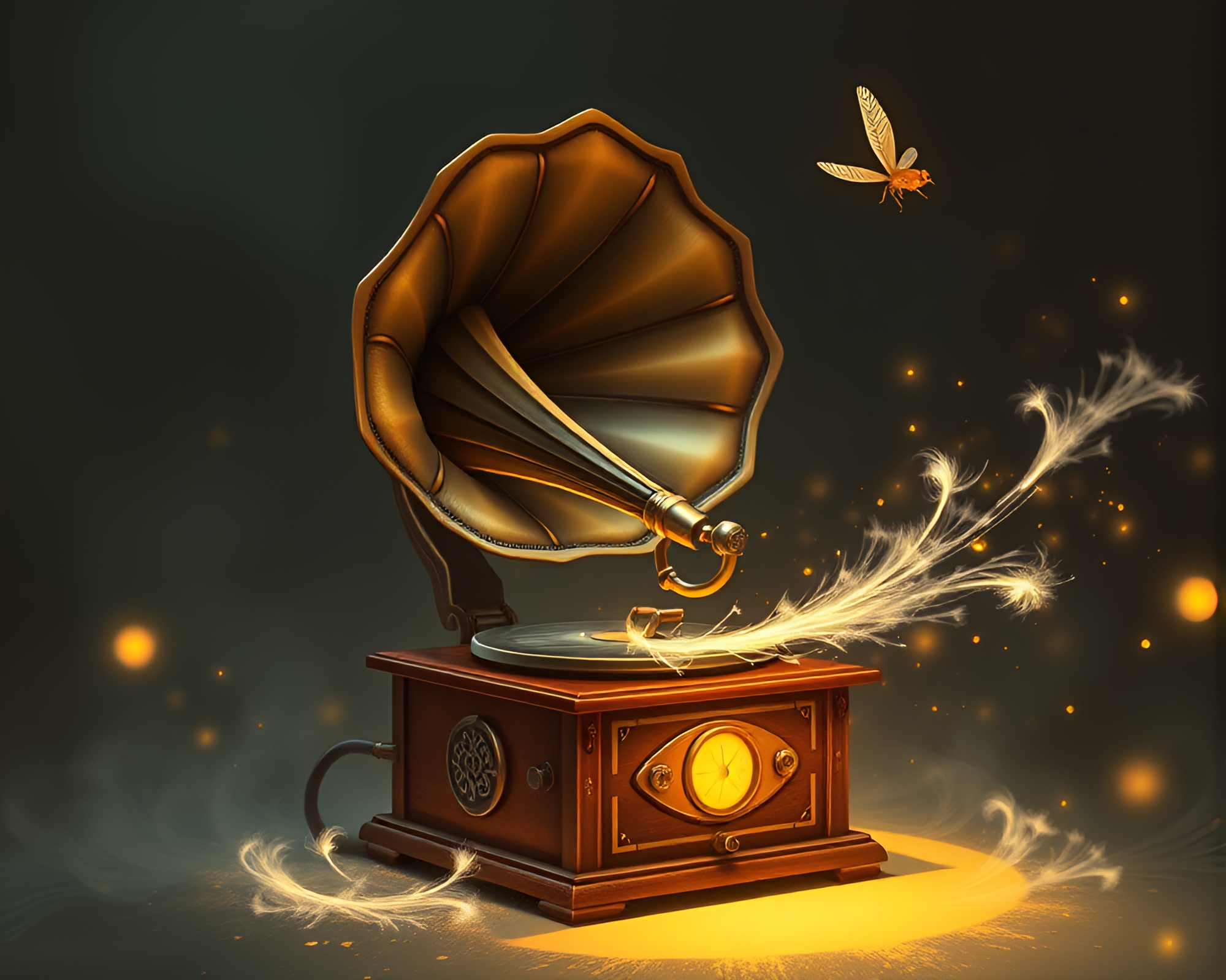Steampunk Gramophone Feather Dusting in Firefly Glow – free AI stock image