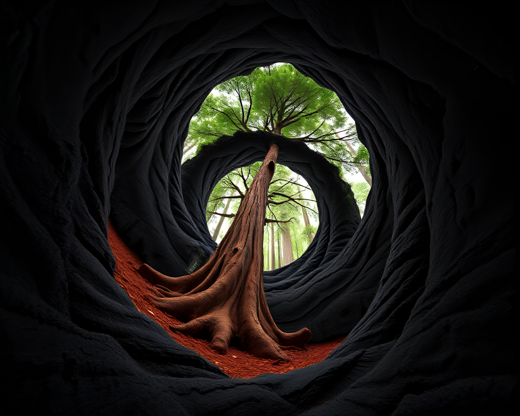 Enchanted Redwood: Fibonacci Spiral in Volcanic Ash – free AI stock image