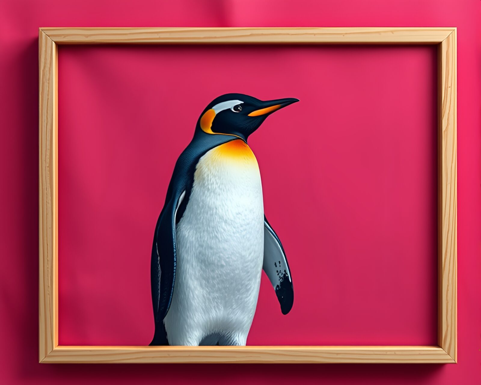 Two penguins framed by icy blues and fiery reds